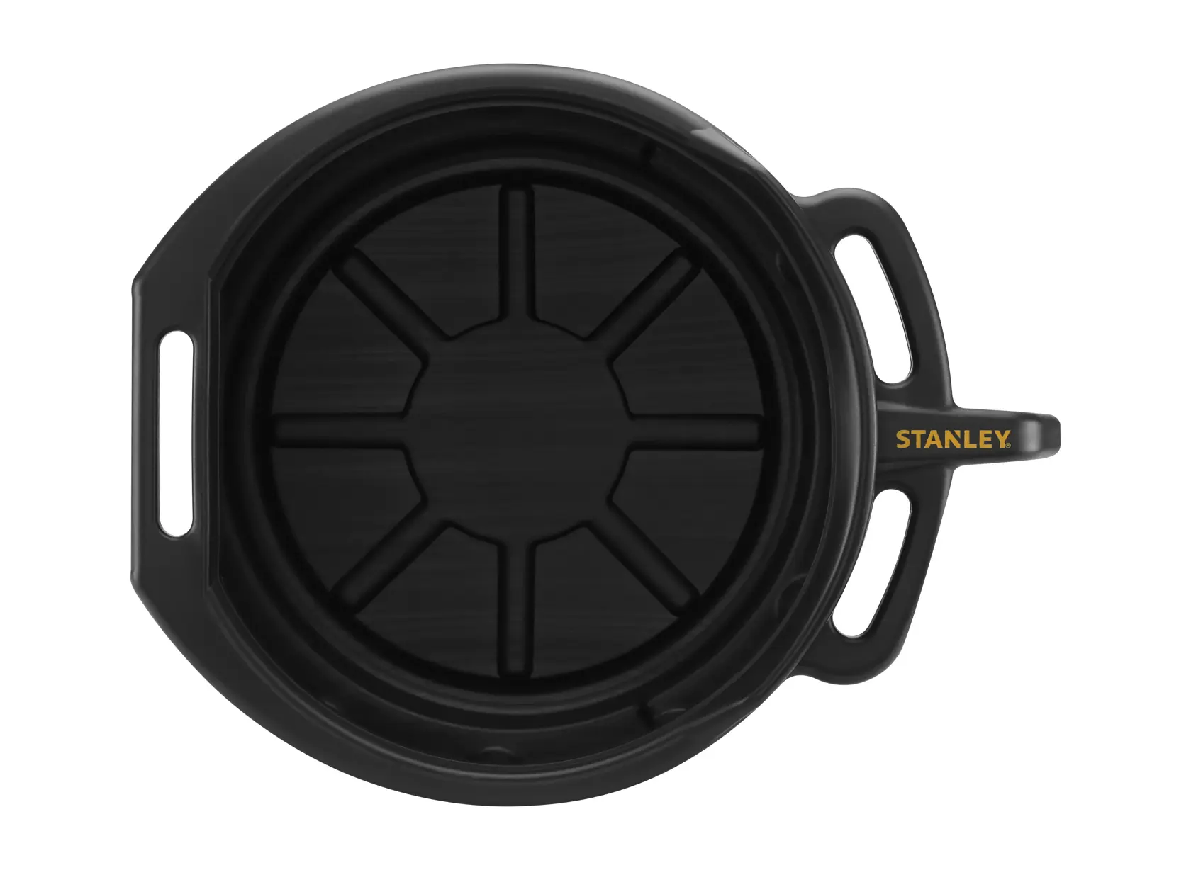 STANLEY STHT80878-1 black round oil drain pan with handles, top view, photography on white background.