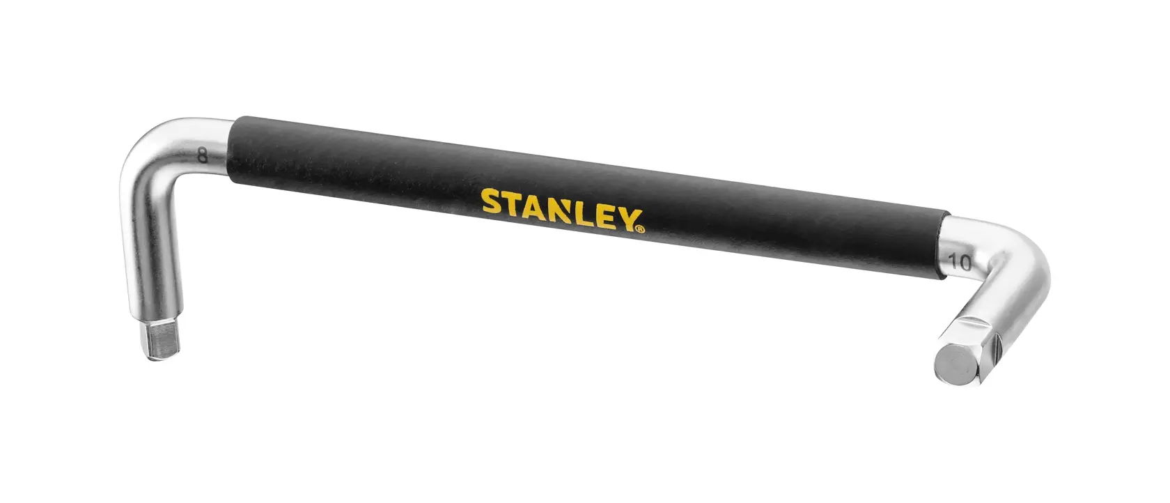 STANLEY STHT80879-0 L-shaped hex key with black grip, silver ends, photography, front angle on white background.