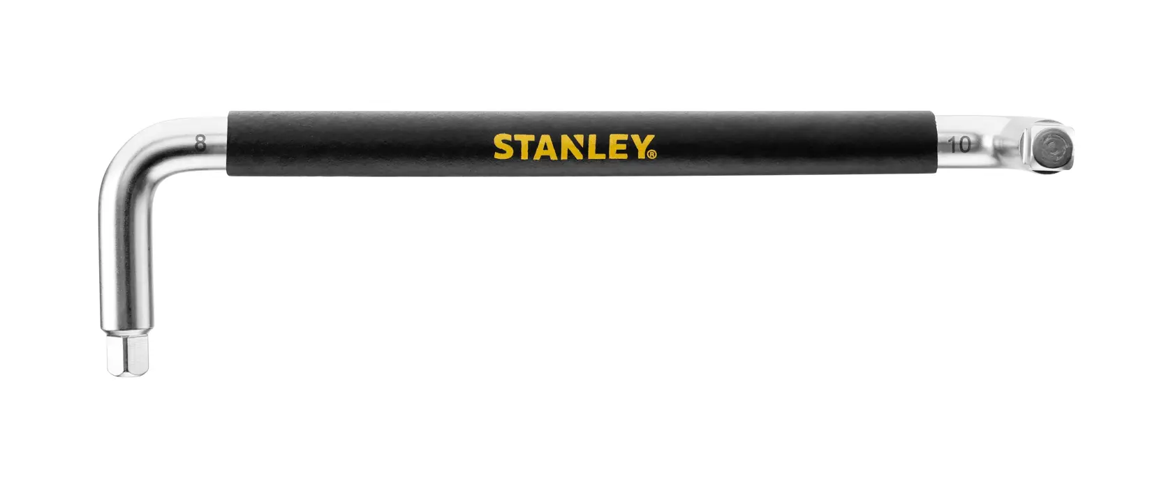 Photo of STANLEY STHT80879-0 L-shaped ratchet wrench, black handle, side view, hand tool category.