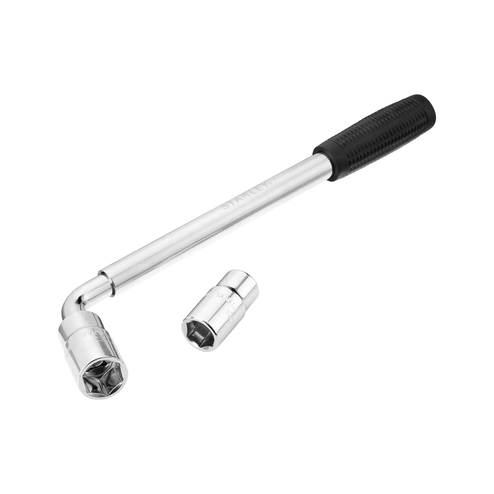 STANLEY STHT80890-0 telescopic lug wrench with black grip and two chrome sockets, product photo, side angle.