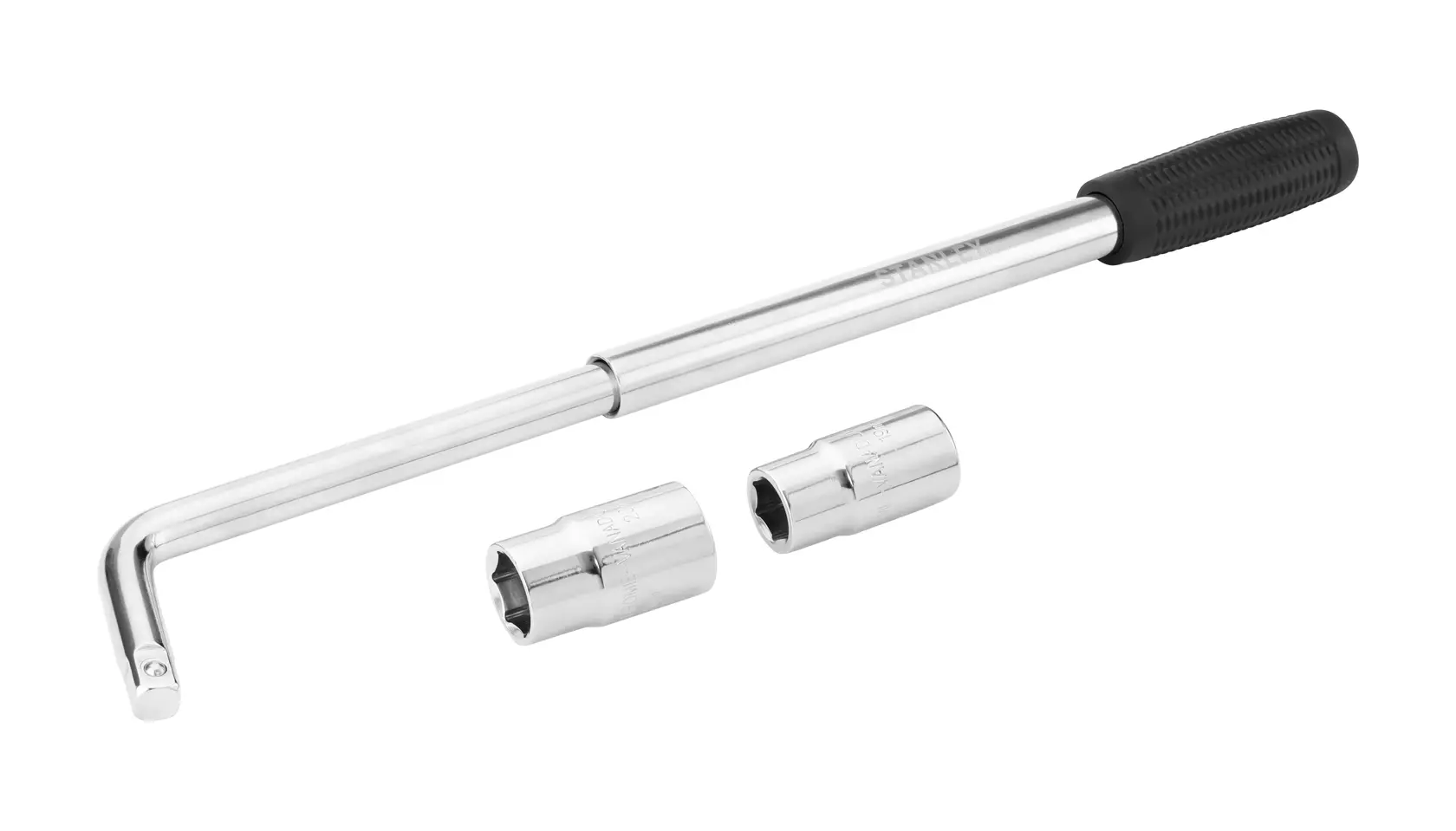 Photo of STANLEY STHT80890-0 L-shaped wheel wrench with black grip and two chrome sockets on white background.