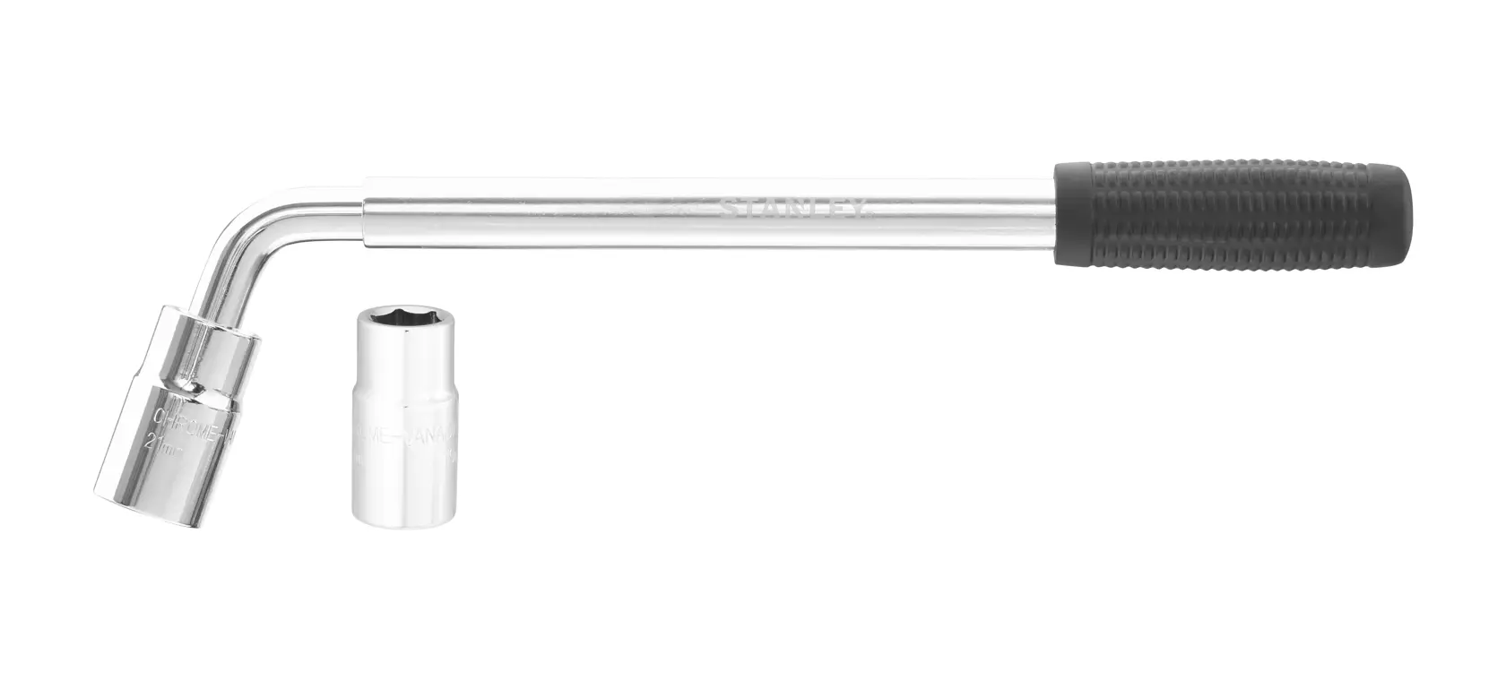 STANLEY STHT80890-0 L-shaped lug wrench with two sockets, black grip, front angle photo.