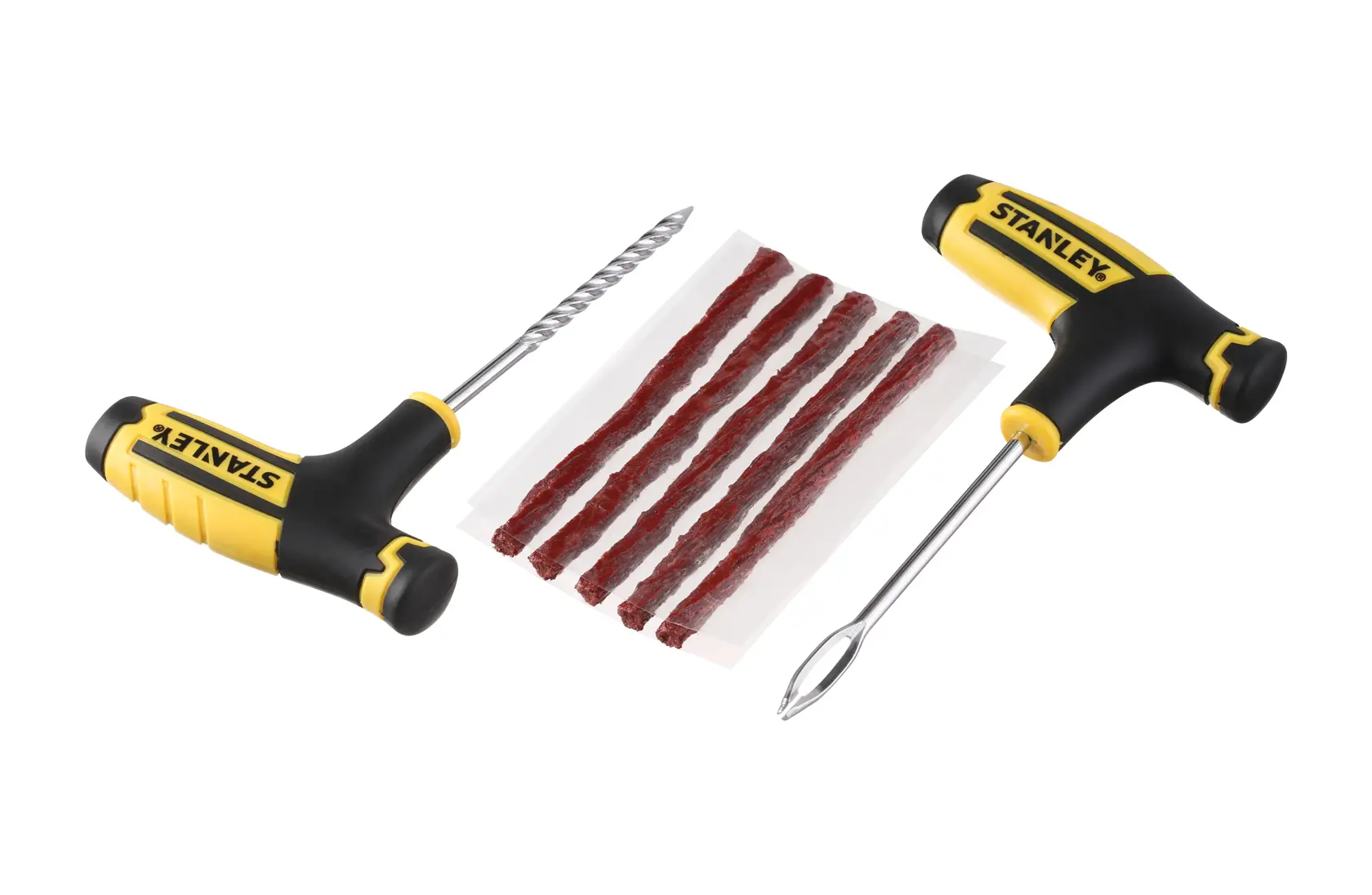 STANLEY STHT80891-0 tire repair kit with two T-handle tools and five brown repair strips, angled photo.