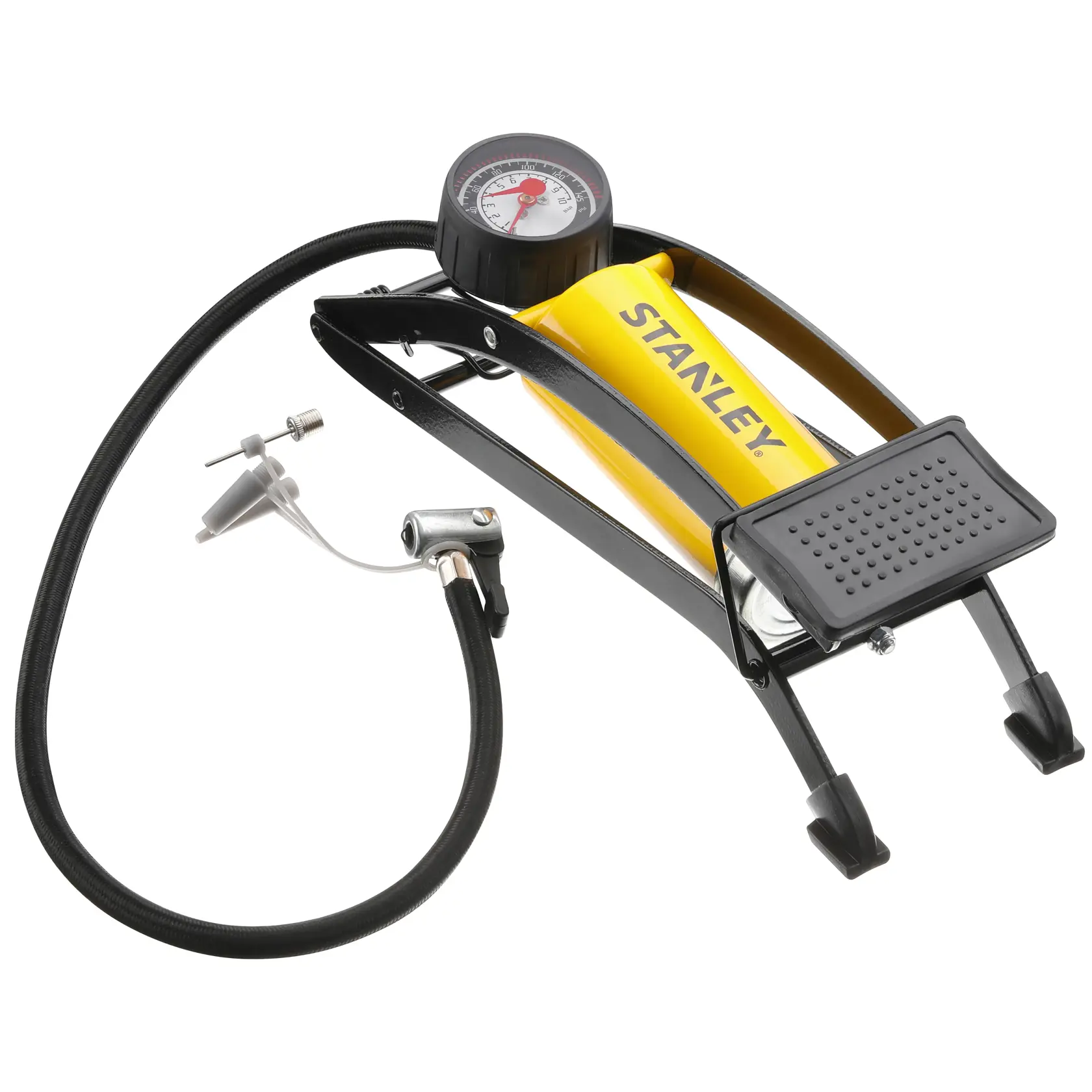 Stanley foot pump with pressure gauge and hose, designed for inflating tires and other items.
