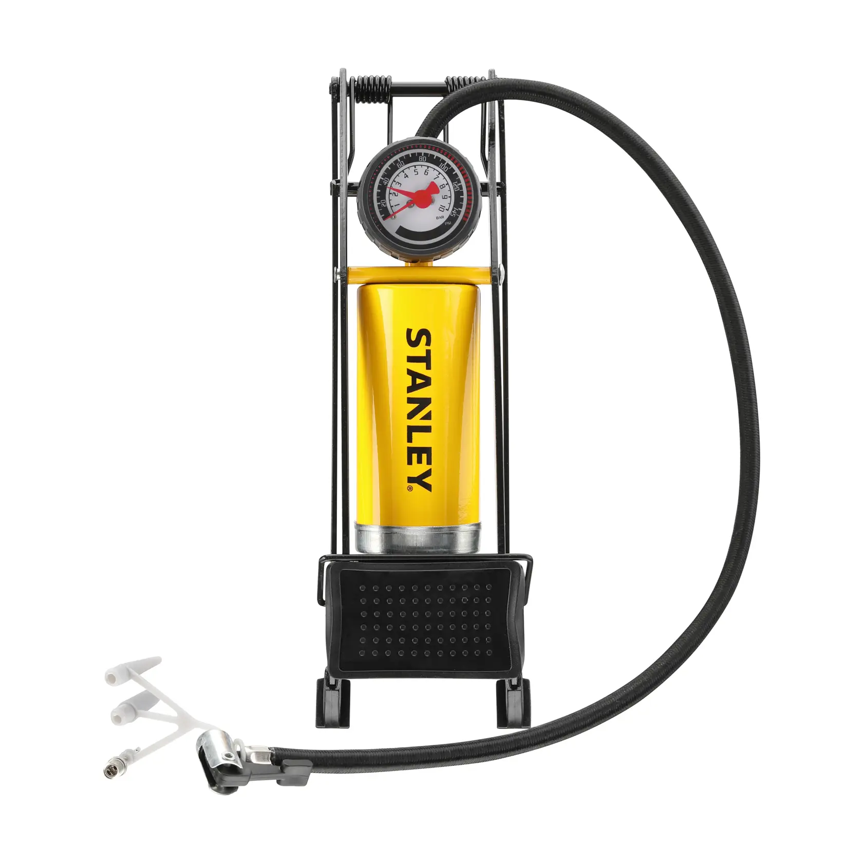 STANLEY STHT80894-1 yellow foot pump with pressure gauge and hose, front angle on white background.