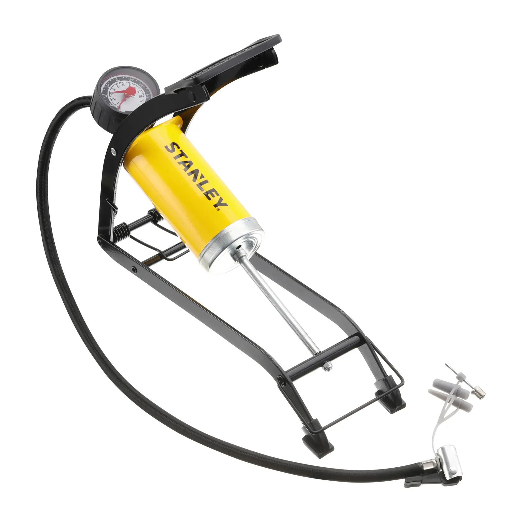 Stanley foot-operated air pump with pressure gauge and hose for inflating tires or sports equipment.