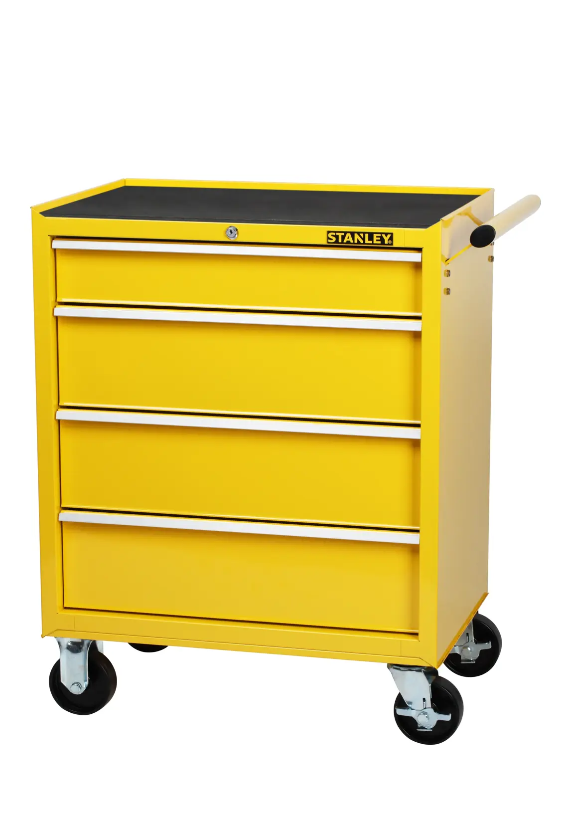 Yellow Stanley tool cabinet with four drawers and wheels, featuring side handle for mobility.