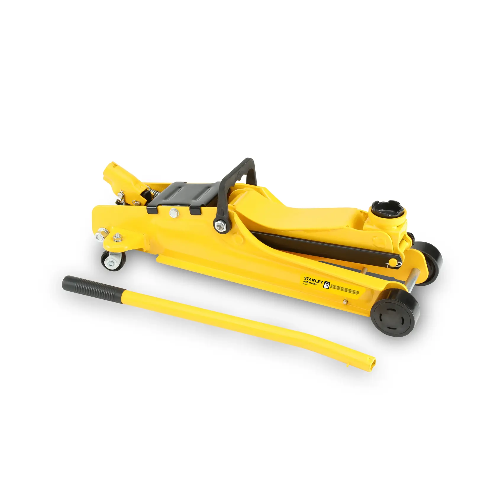 STANLEY STMT81251-1 yellow hydraulic floor jack with detachable handle, side view on white background.
