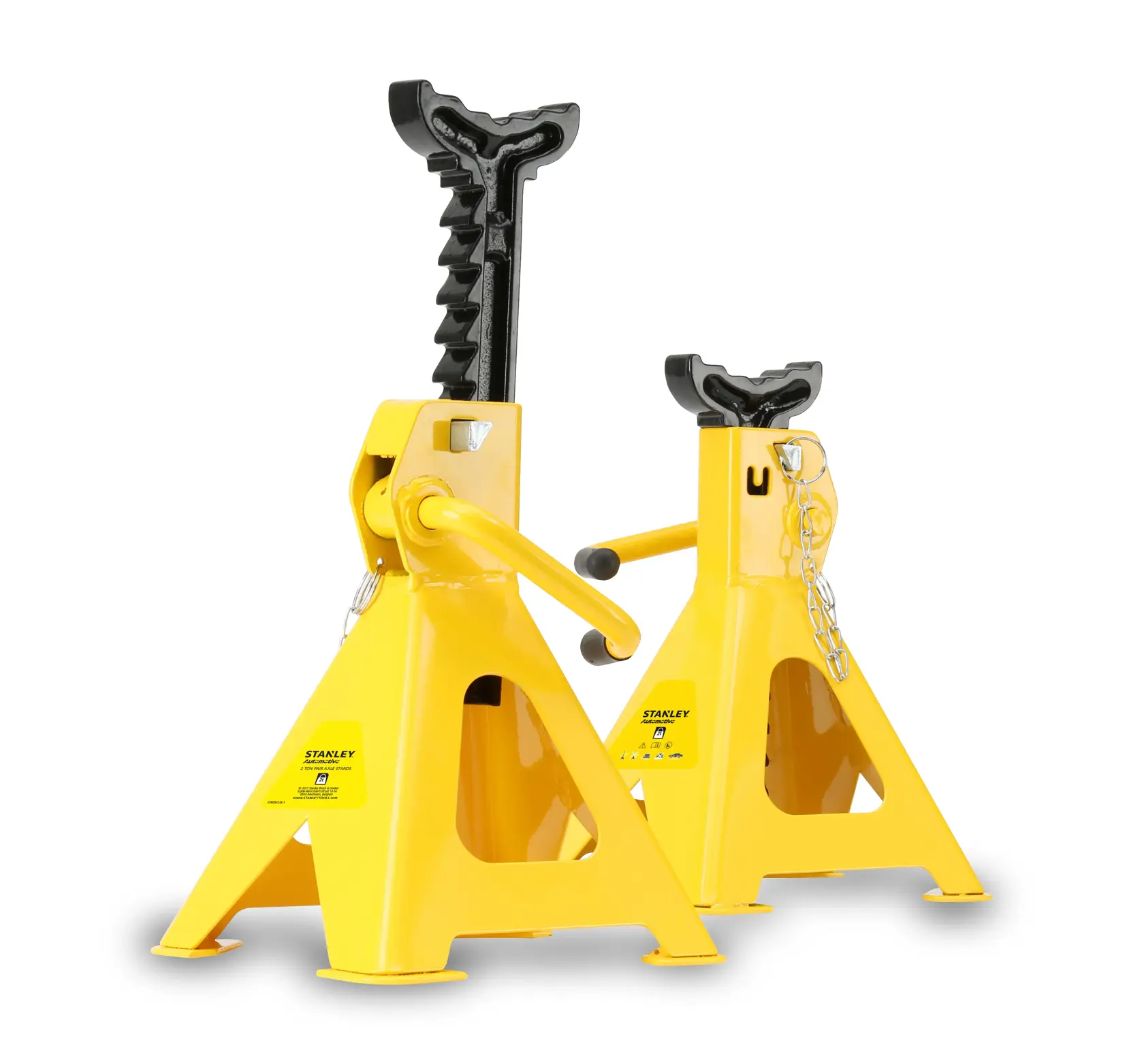 STANLEY STMT81255-1 yellow steel jack stands, automotive tool, front angle, white background.