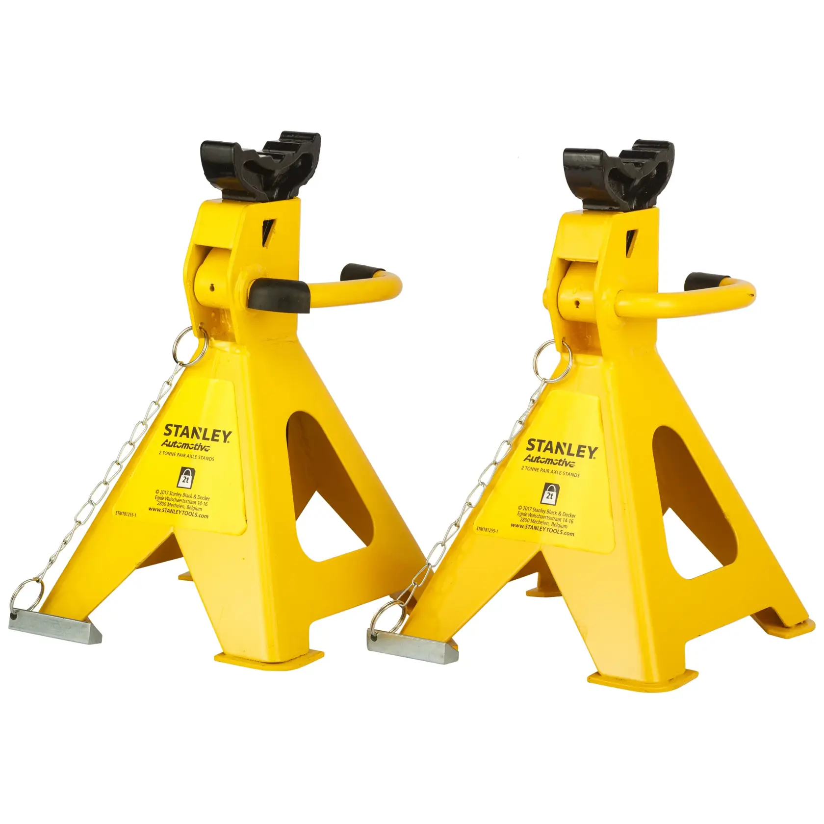 Two yellow STANLEY automotive jack stands for vehicle support, each with a chain and triangular base.
