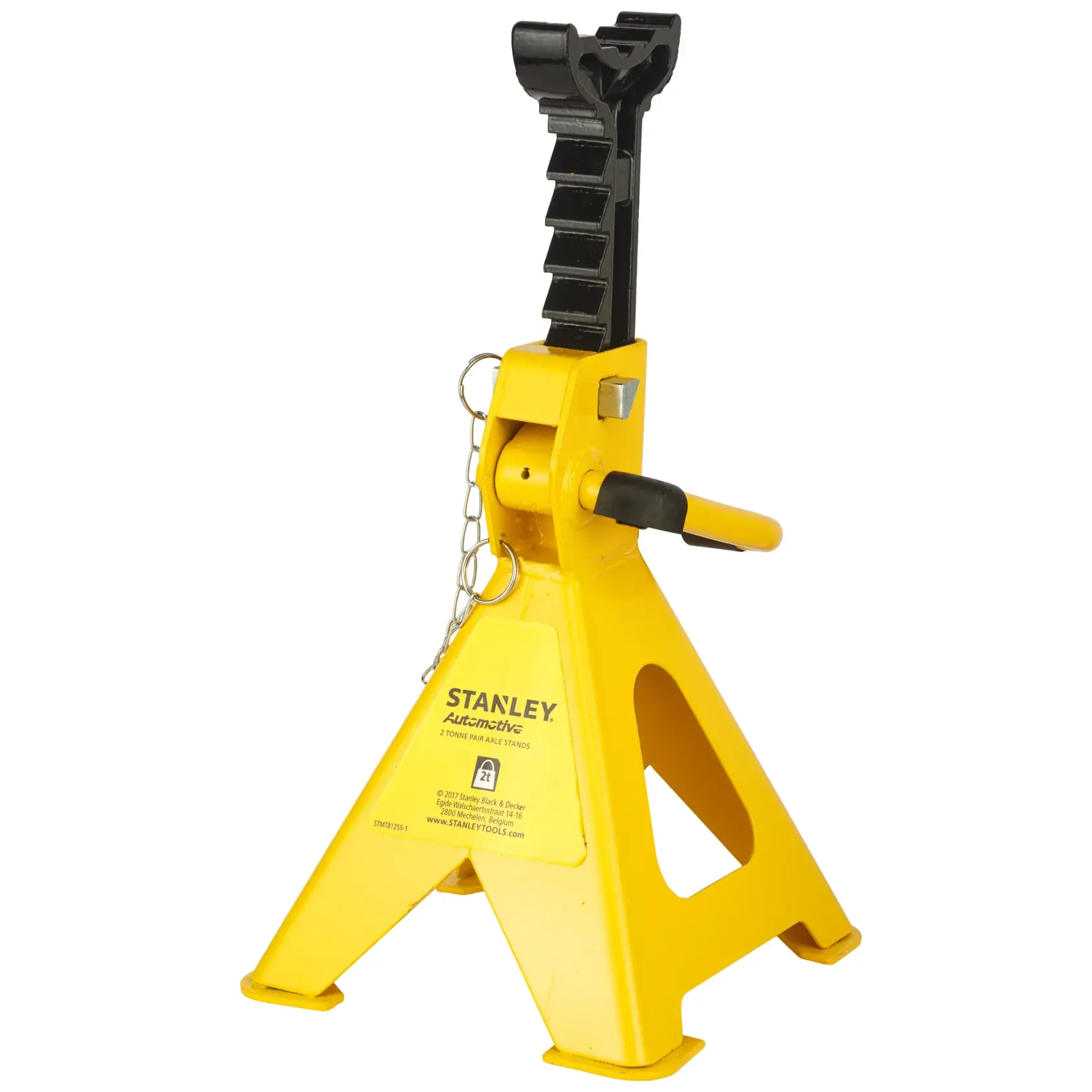 Yellow Stanley automotive jack stand with adjustable height for vehicle support.