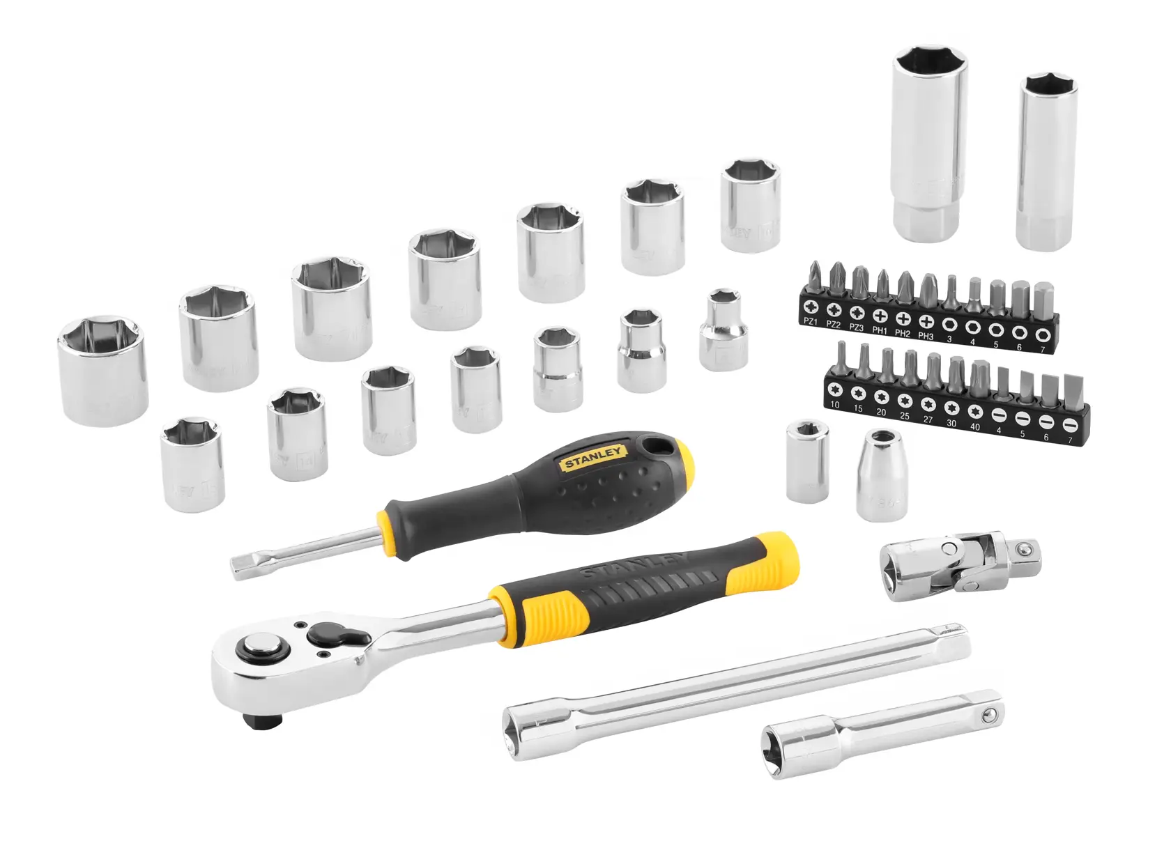 Jeu de clés à cliquet 72 dents et de douilles avec accessoires, 45 pièces 3/8'' STANLEY®