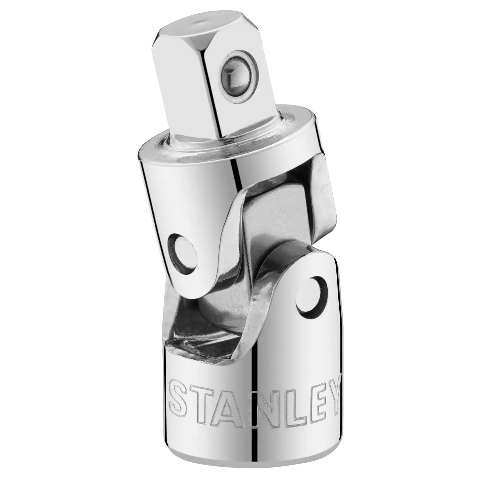 STANLEY STMT86011-0 chrome universal joint socket adapter, close-up on white background.