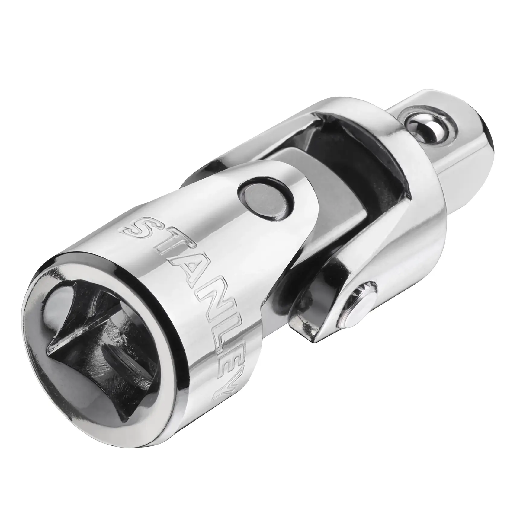 STANLEY STMT86011-0 chrome universal joint socket adapter, close-up on white background.