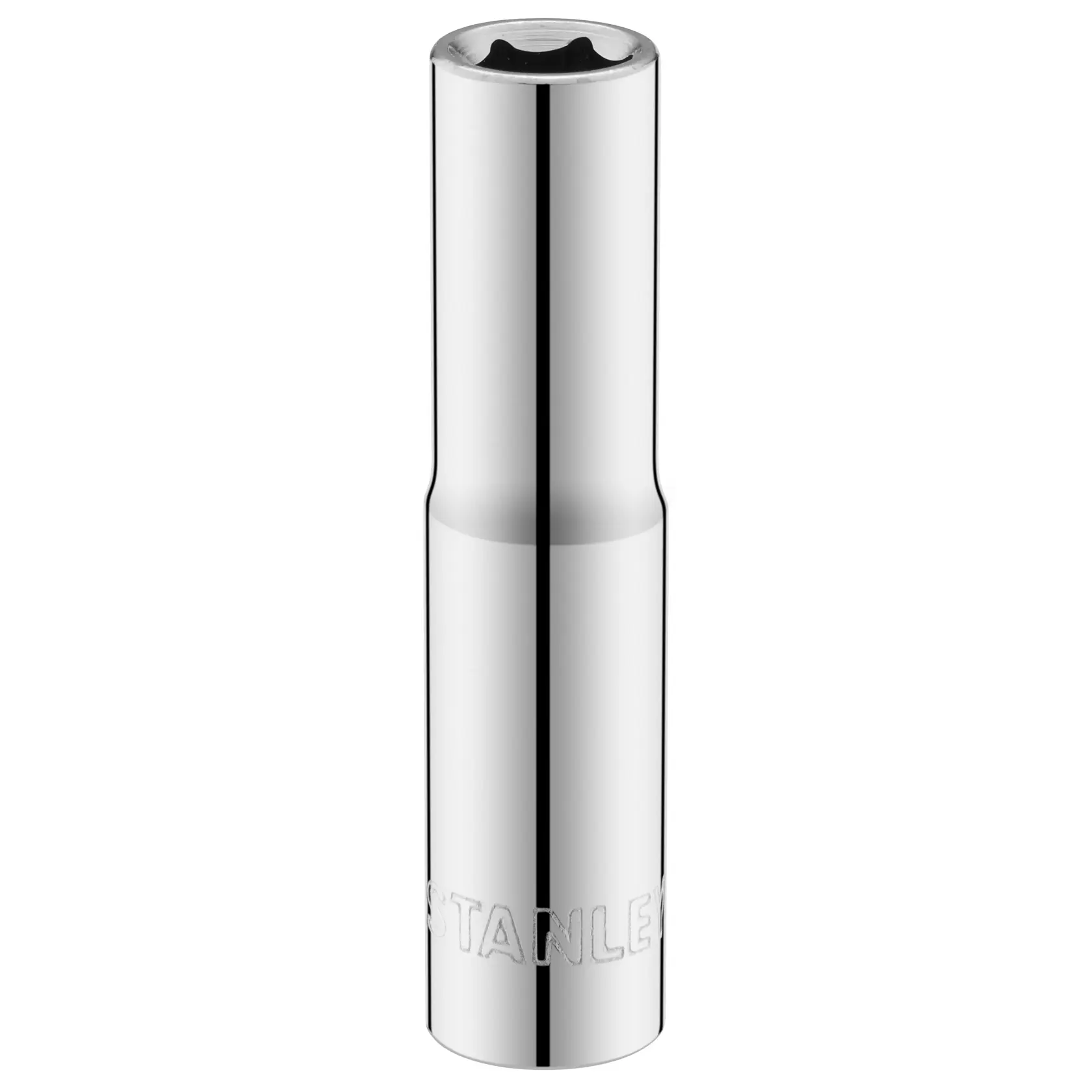 STANLEY STMT86095-0 chrome deep socket, front view, cylindrical with engraved branding.