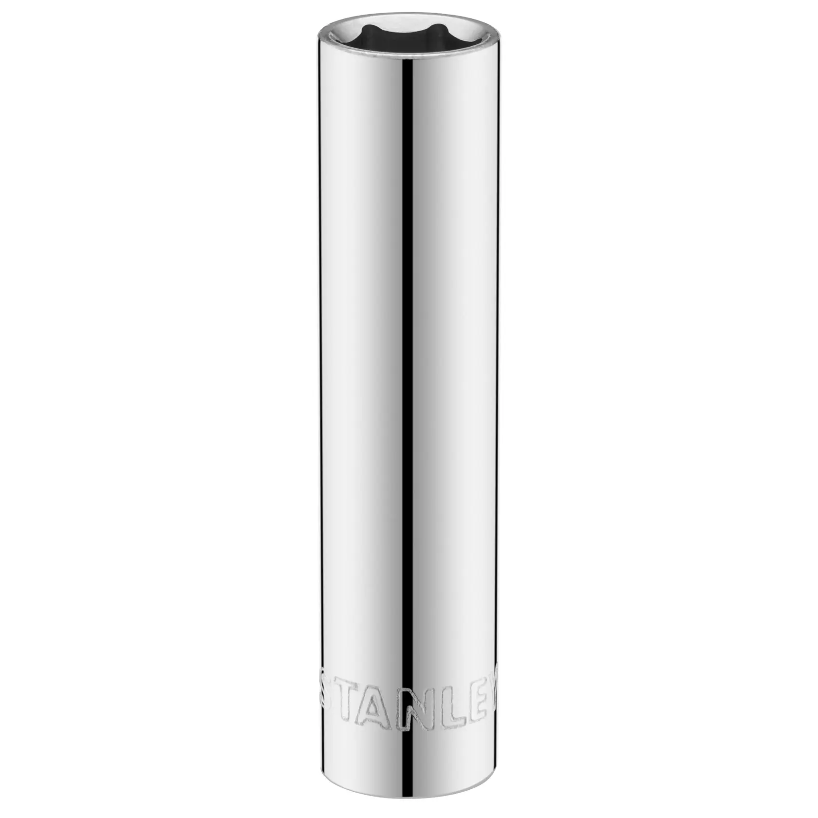 STANLEY STMT86096-0 chrome deep socket tool, cylindrical shape, front angle, on white background.