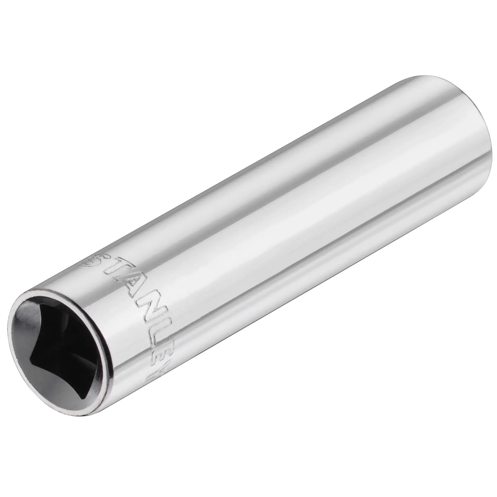 Photo of STANLEY STMT86096-0 chrome finish deep socket, tool angled on white background.