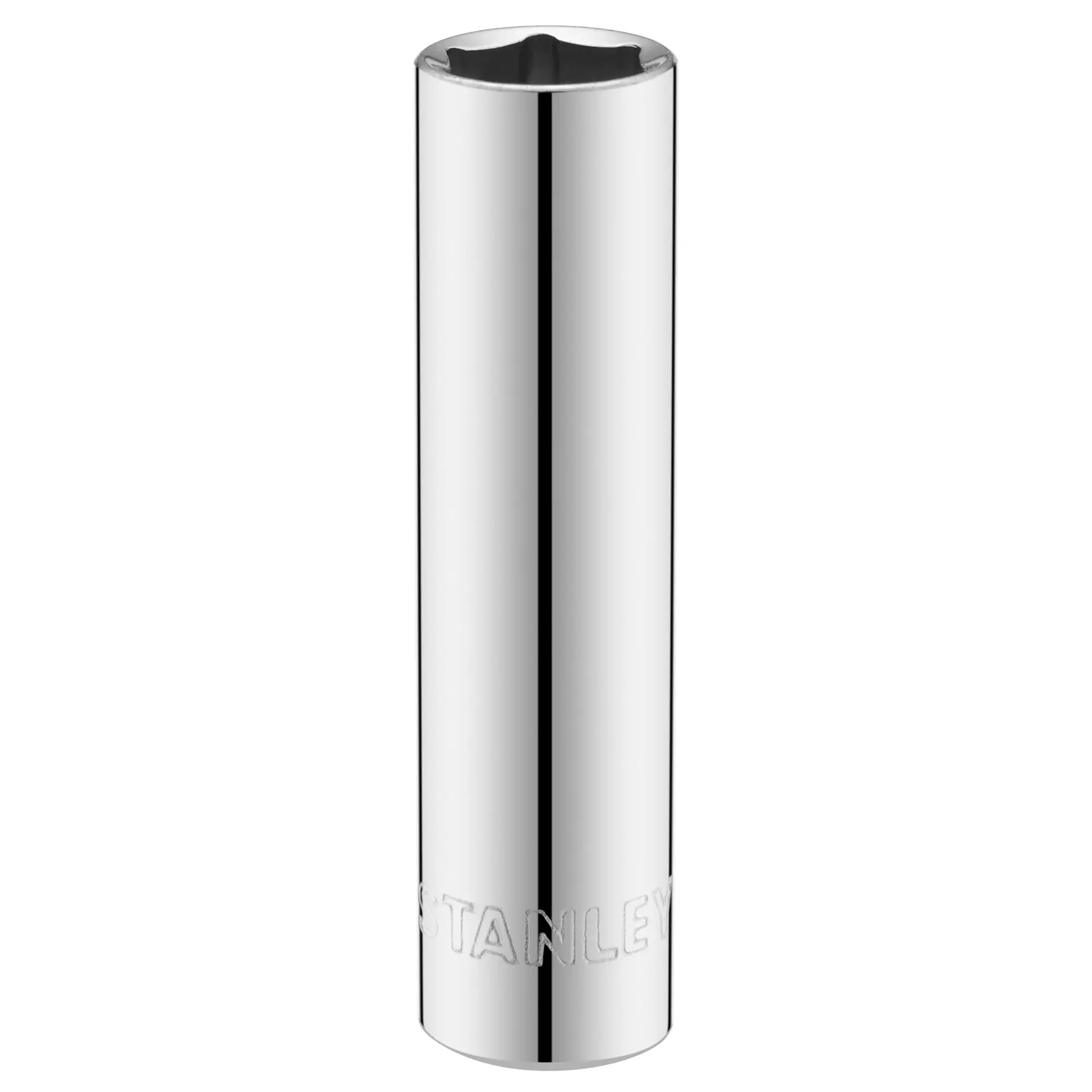 STANLEY STMT86097-0 chrome deep socket, cylindrical, front angle photography, hand tool accessory.