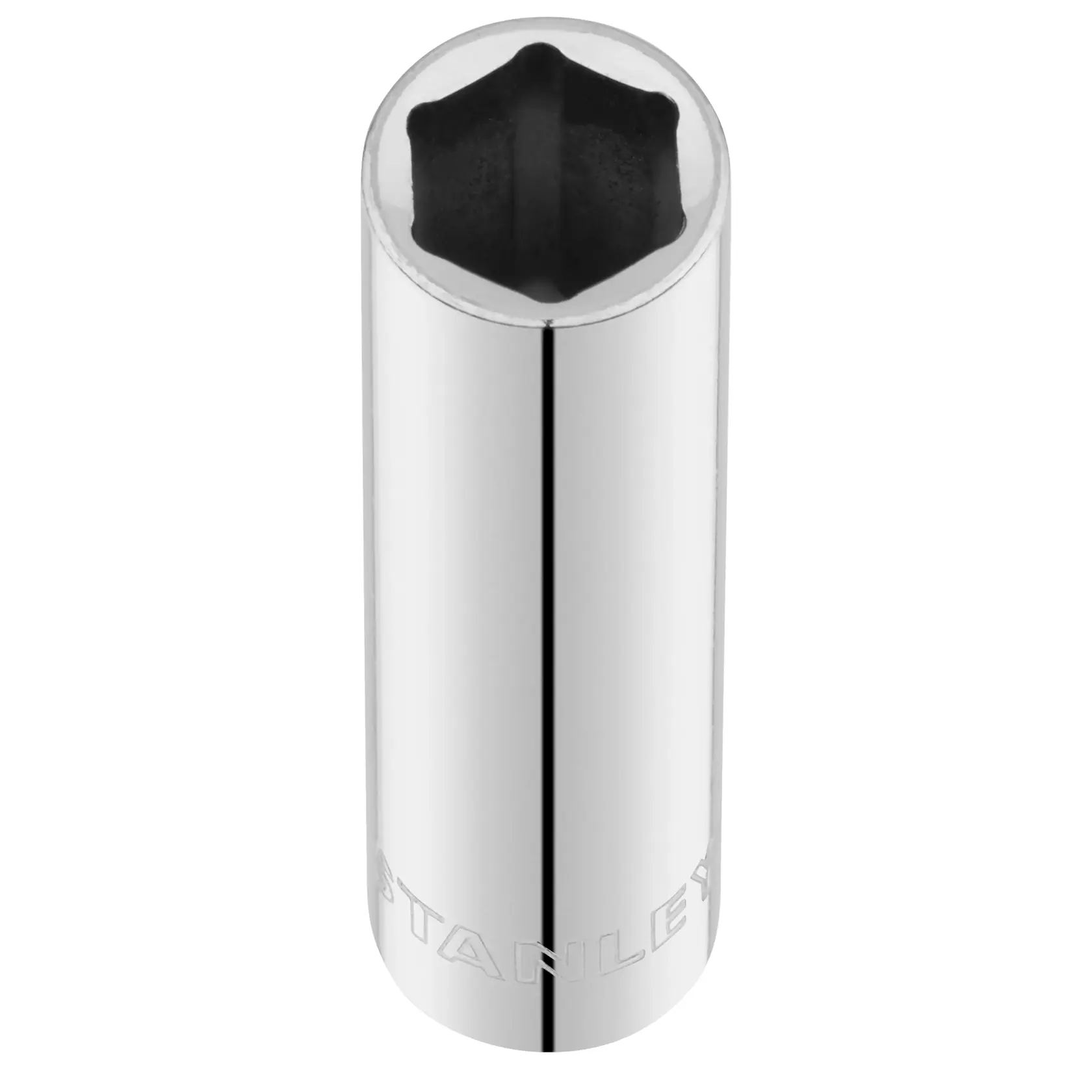 STANLEY STMT86097-0 chrome six-point deep socket top view, photography on white background.