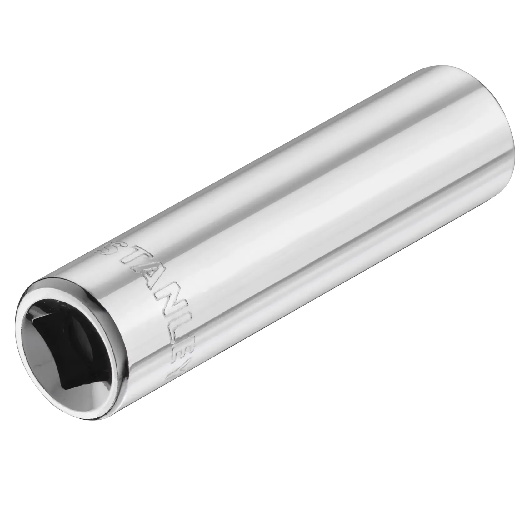 STANLEY STMT86097-0 chrome deep socket, photography from angled view, white background.