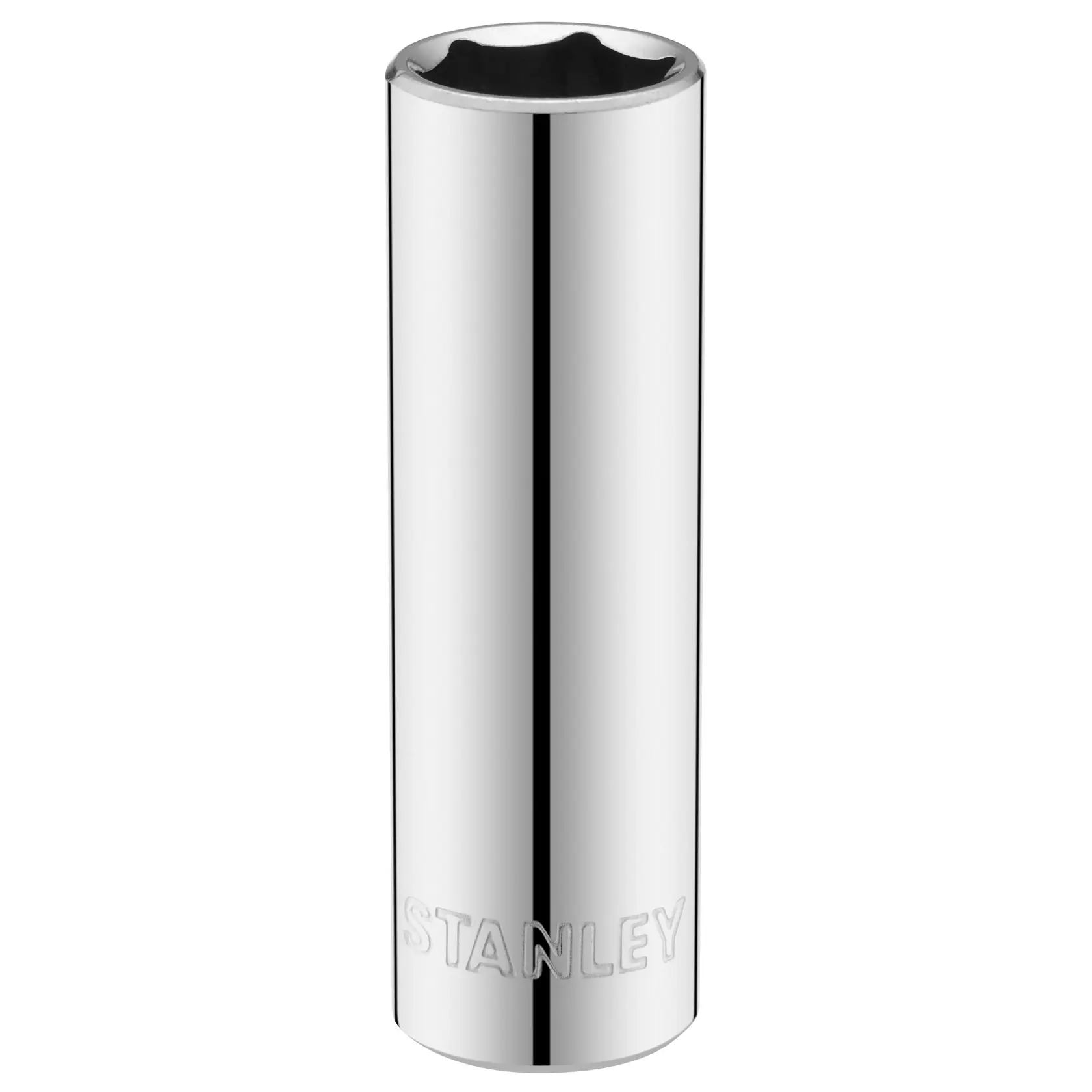 STANLEY STMT86099-0 chrome deep socket, vertical angle, hex interior, brand name engraved near base.