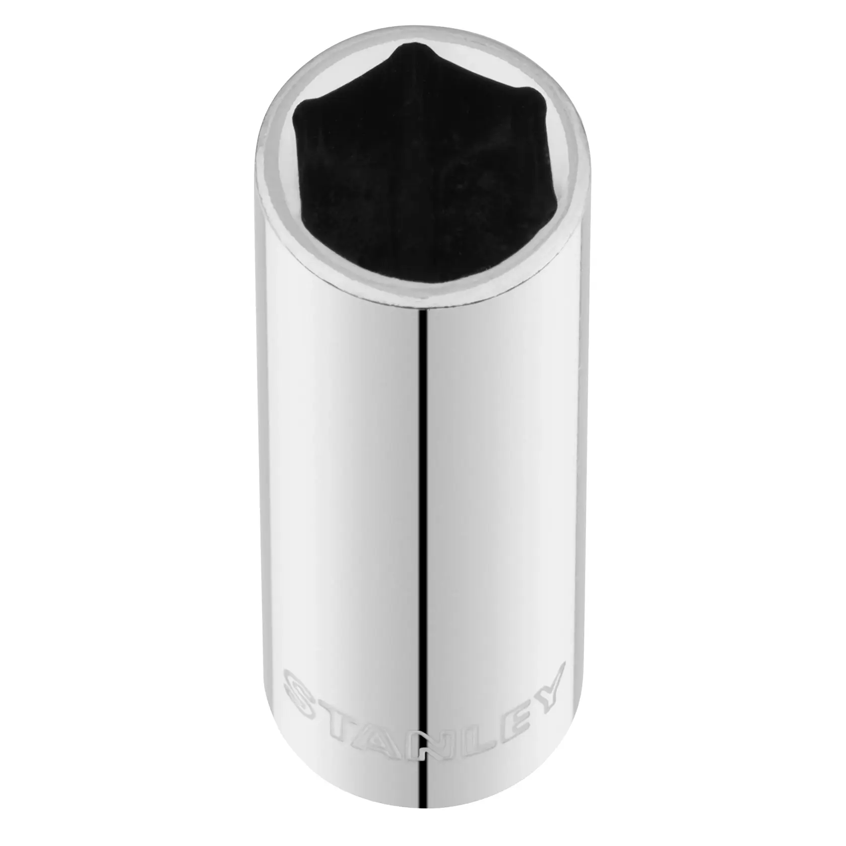 STANLEY STMT86100-0 chrome socket, photography of vertical front angle on white background.