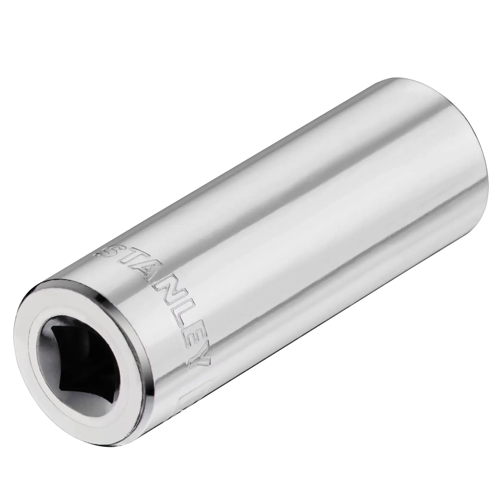 STANLEY STMT86100-0 chrome deep socket, photographed at angle on white background, mechanics tool.