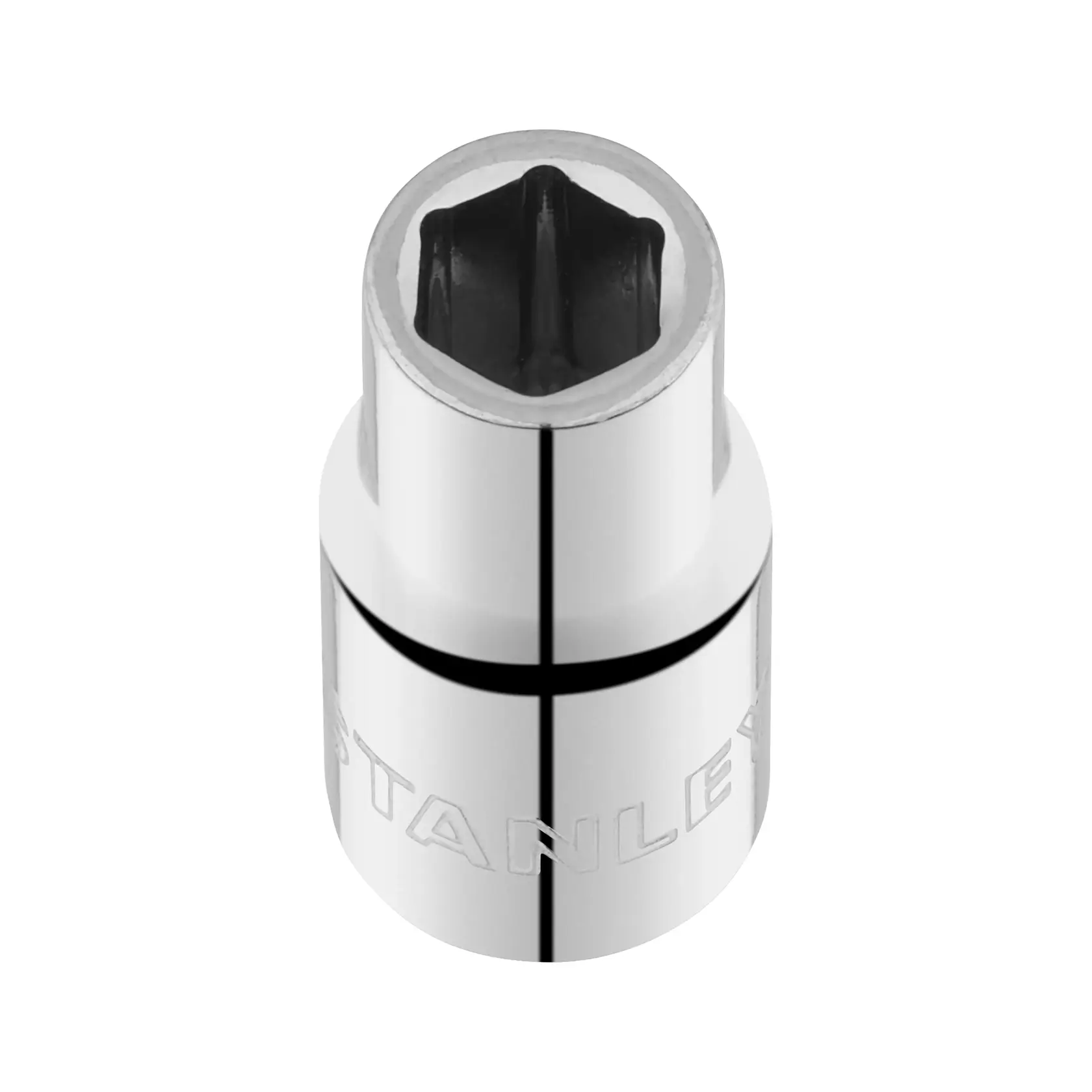 STANLEY STMT86103-0 chrome socket, hex, close-up on white background, tool accessory.