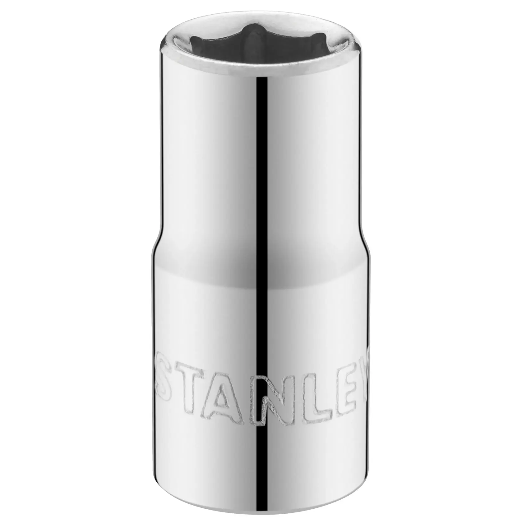 STANLEY STMT86104-0 chrome socket, front view, photography of tool accessory on white background.