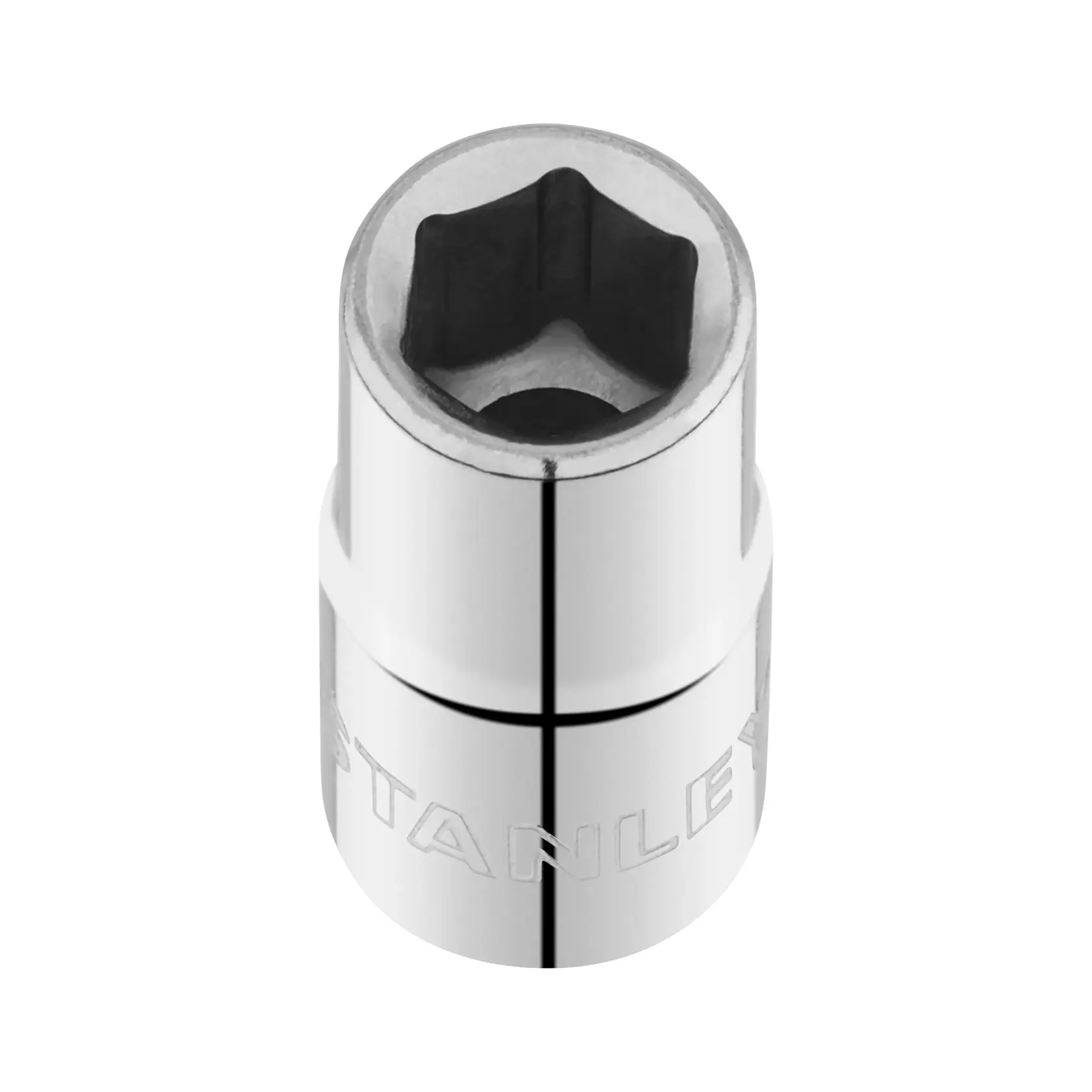 STANLEY STMT86104-0 chrome socket tool, top-front angle, six-point shape, photography on white background.