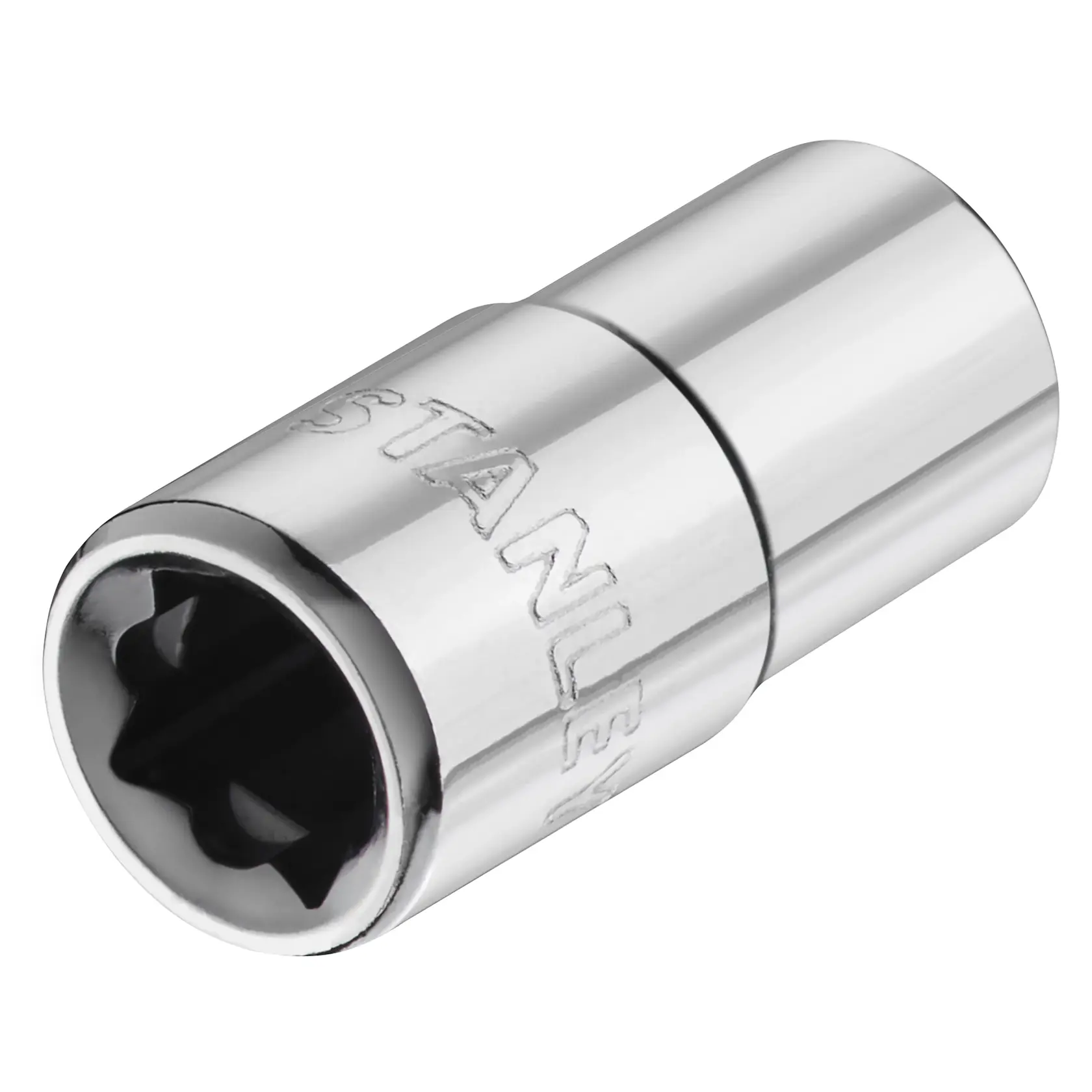 Photo of STANLEY STMT86104-0 chrome socket, tool accessory, angled on white background.