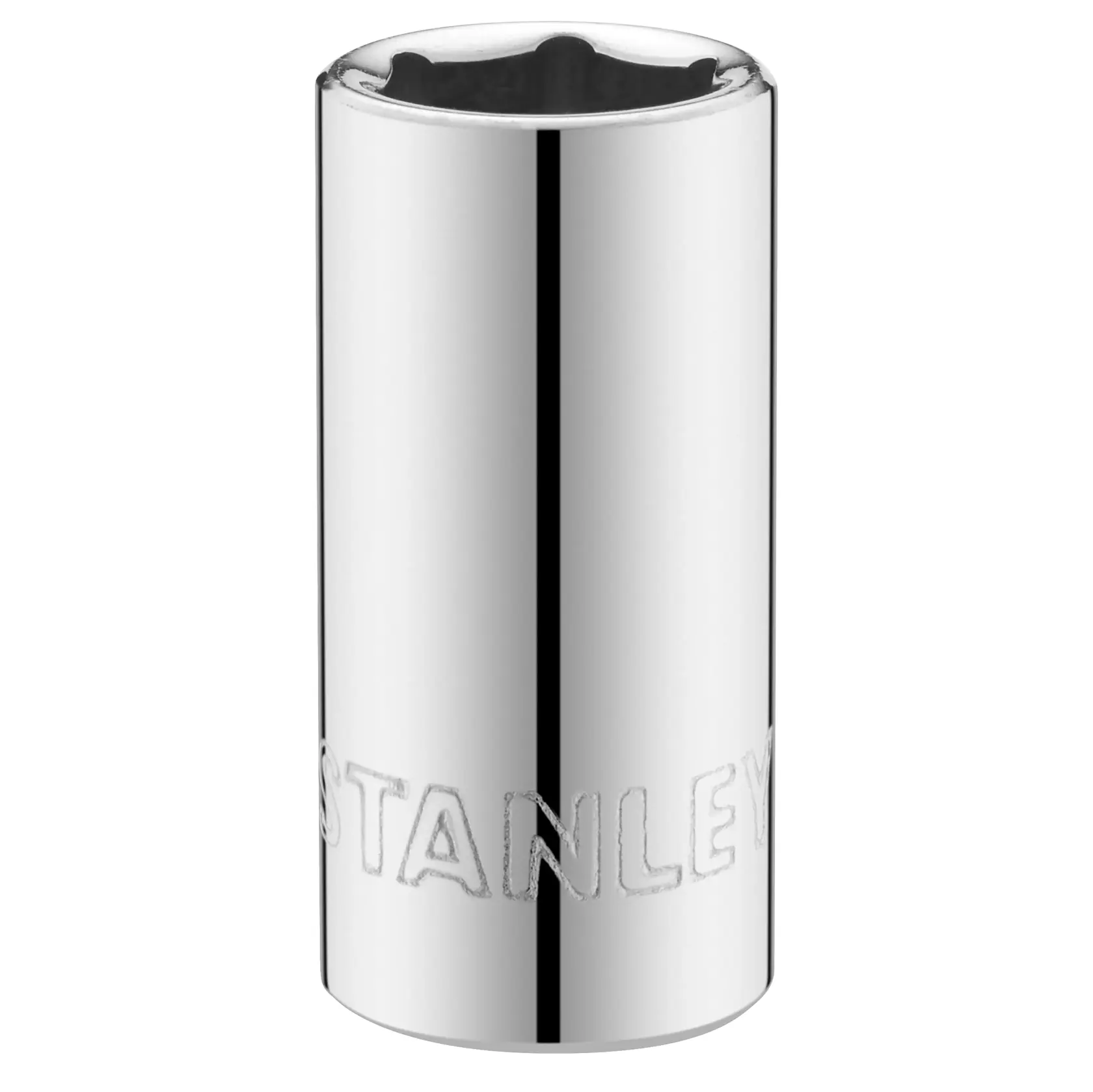 STANLEY STMT86105-0 chrome socket tool, cylindrical, front angle on white background.