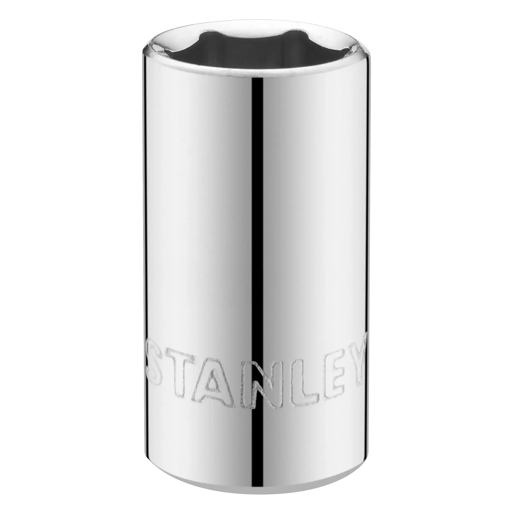 STANLEY STMT86106-0 chrome socket tool, cylindrical front angle, embossed branding.