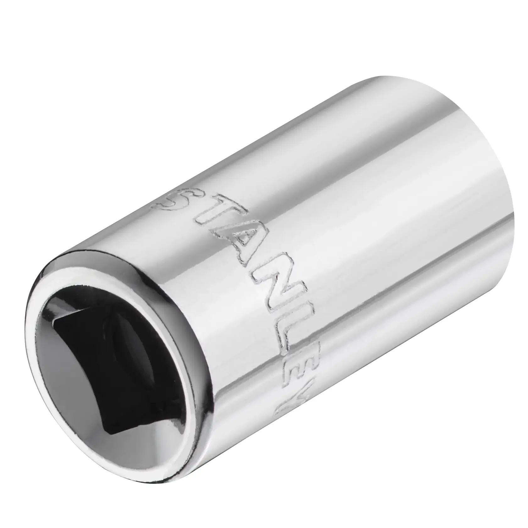 STANLEY STMT86106-0 chrome socket, cylindrical tool with engraved logo, side angle, white background.