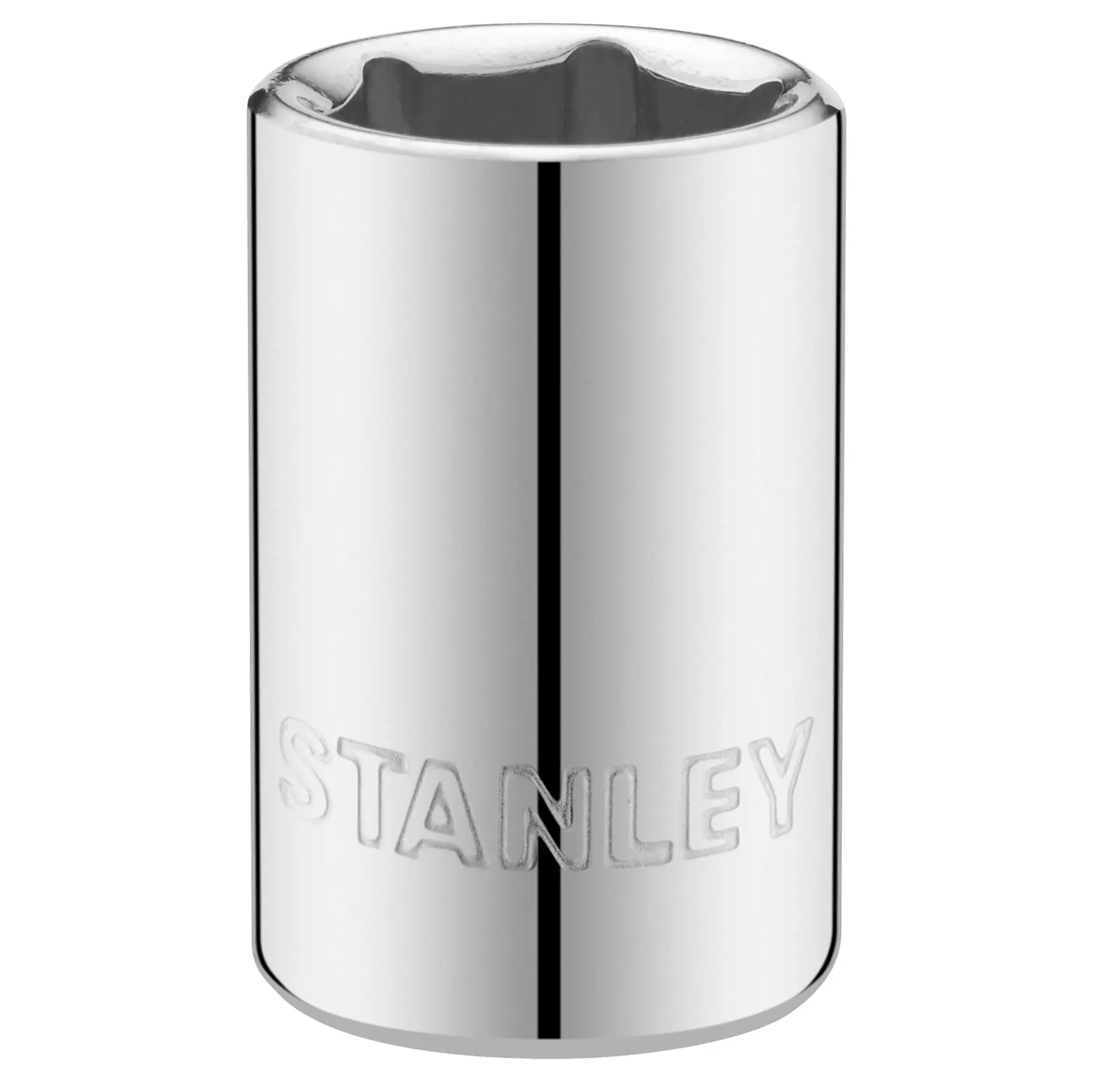 STANLEY STMT86108-0 chrome socket, cylindrical design, front angle, clear brand logo, white background.