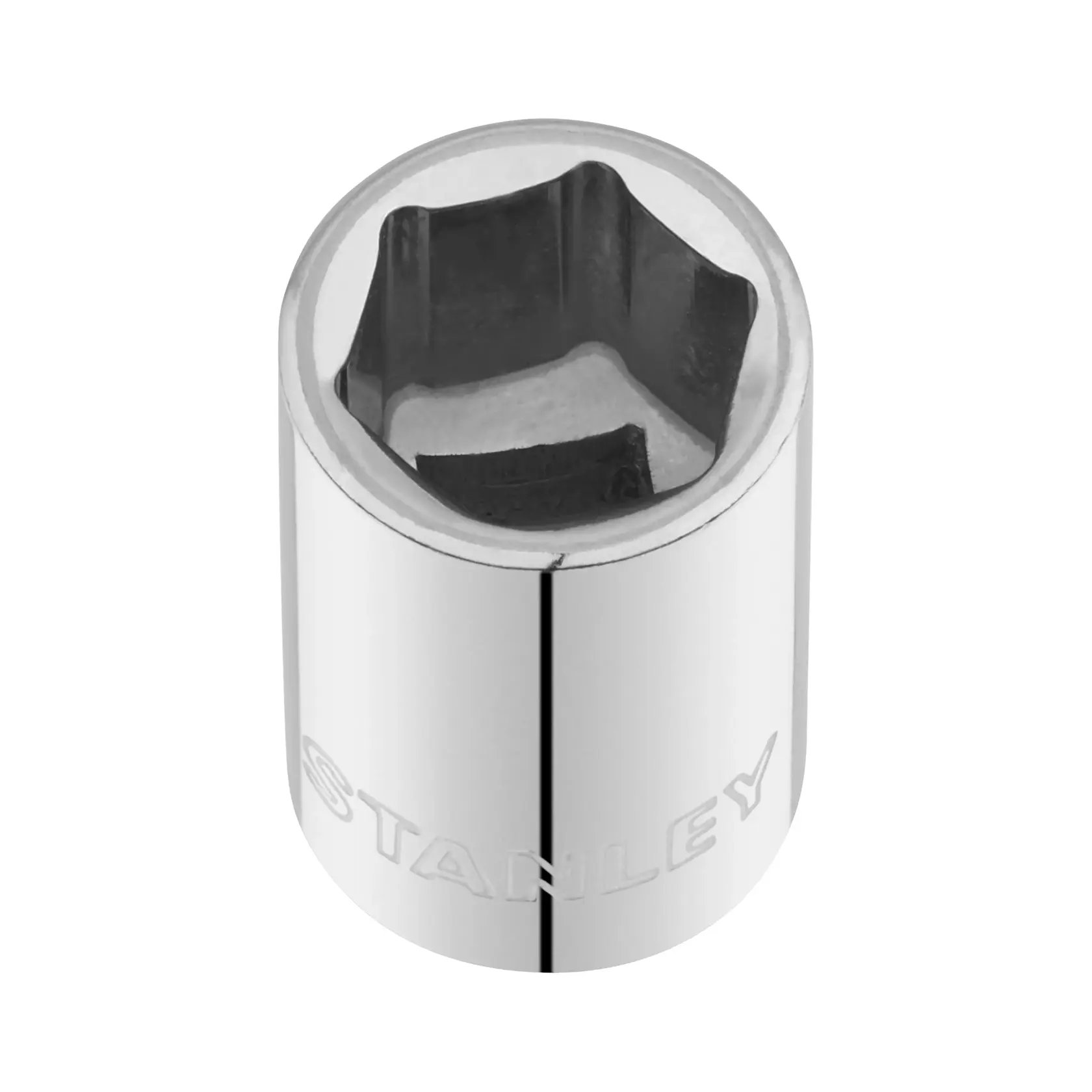 STANLEY STMT86108-0 chrome socket, top angle, showing 6-point interior and engraved logo on side.