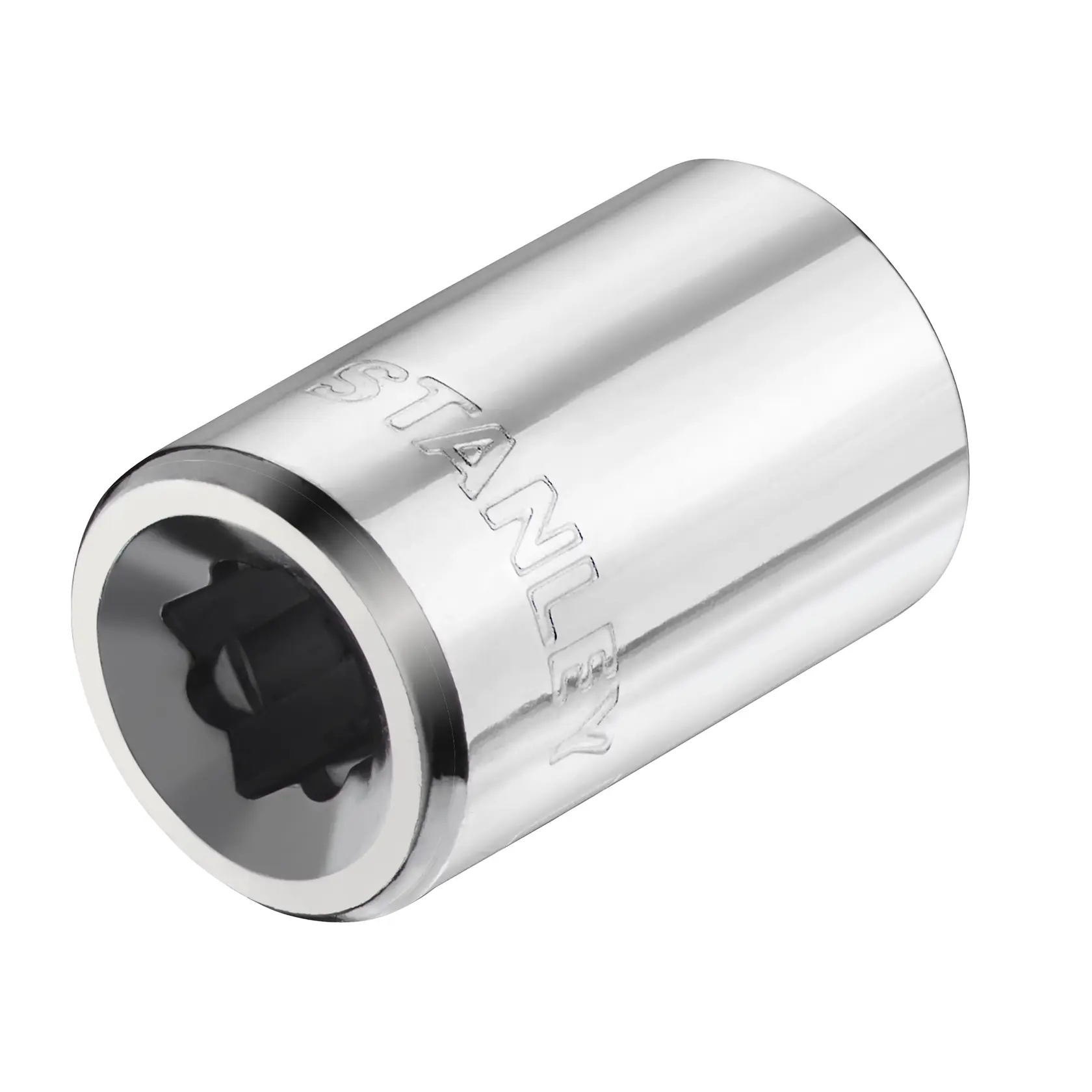 STANLEY STMT86108-0 chrome socket, cylindrical hand tool, angled view, embossed brand name, white background.