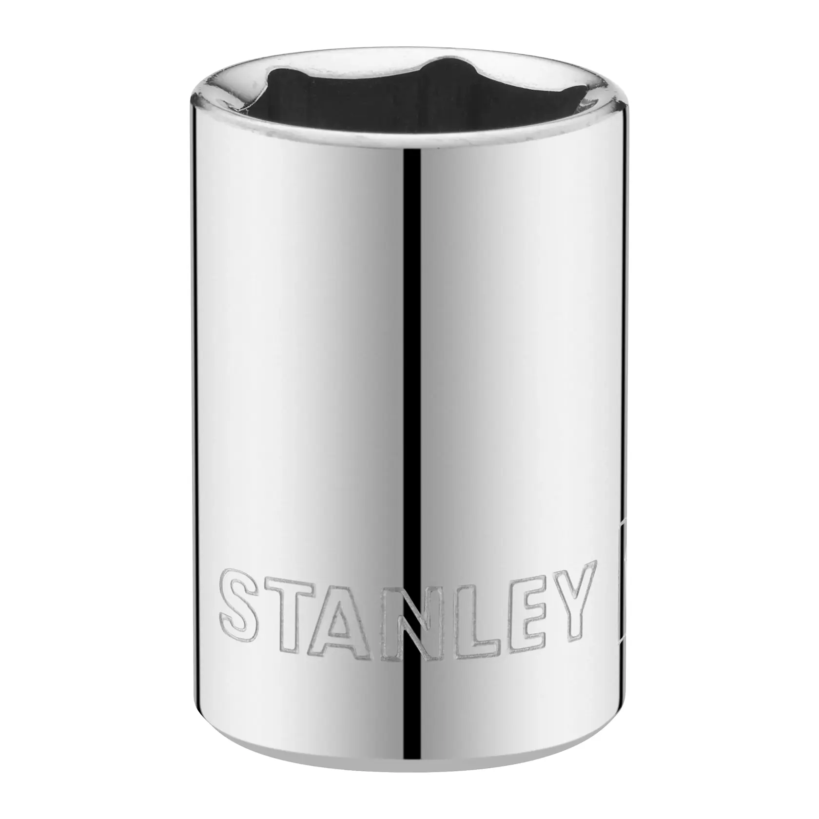 STANLEY STMT86109-0 chrome socket, cylindrical shape, top view, white background.