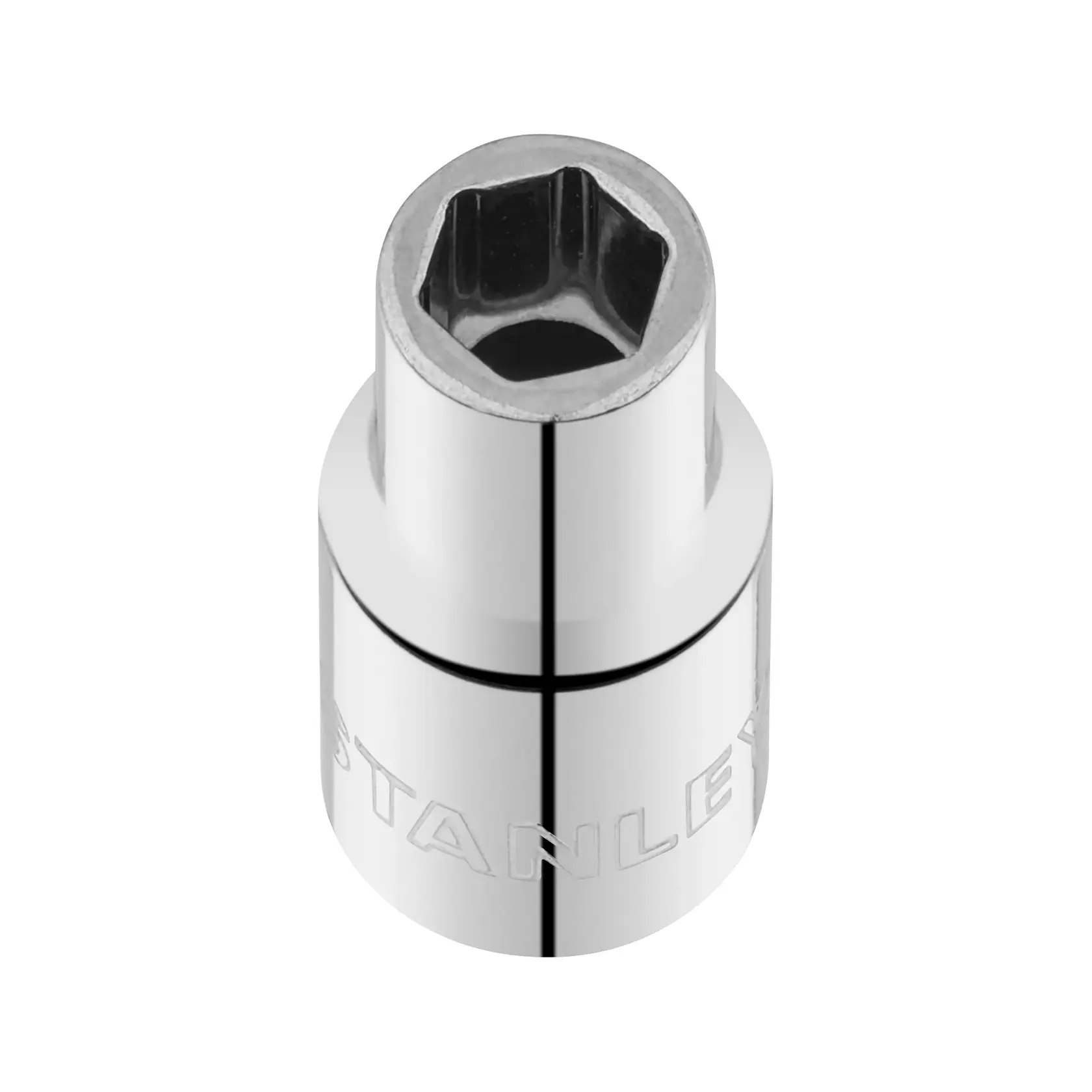 Photo of STANLEY STMT86111-0 chrome socket, top angle, compact design with engraved STANLEY logo.