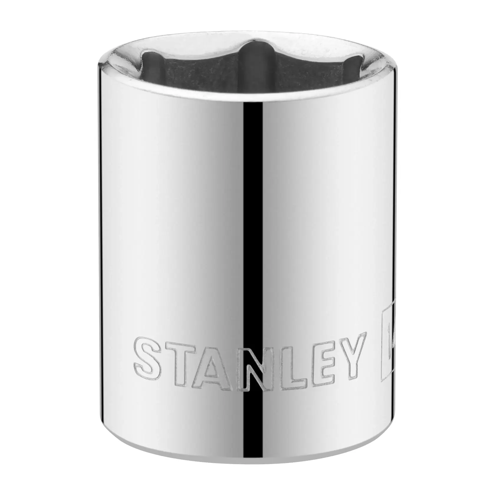 STANLEY STMT86114-0 chrome socket, front angle, with engraved brand name, photographed on white background.