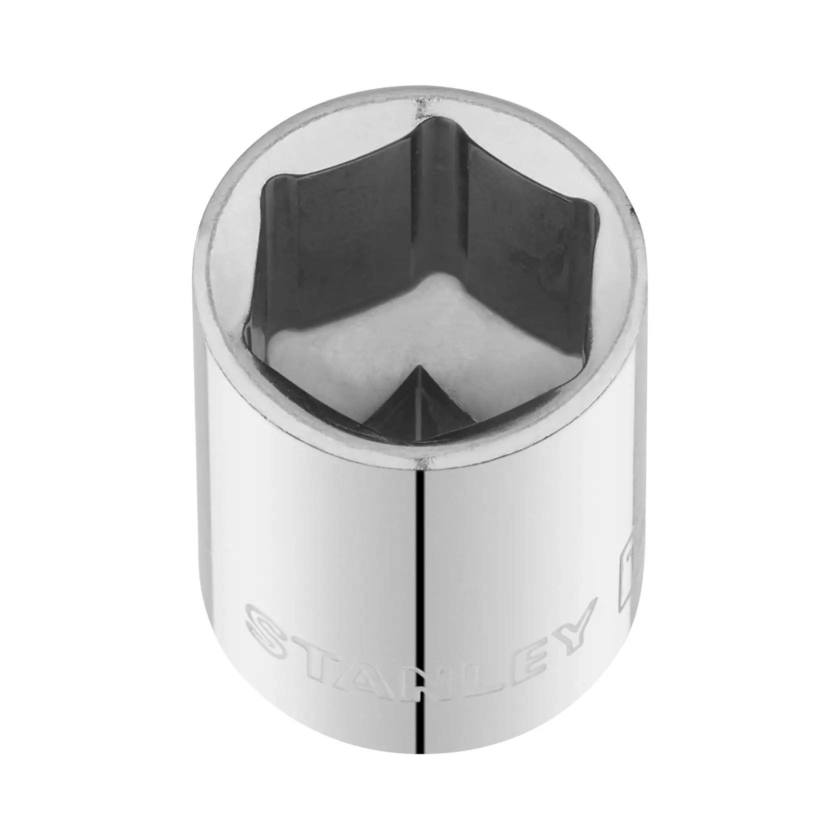 STANLEY STMT86114-0 chrome socket, six-point design, photographed from top on white background.