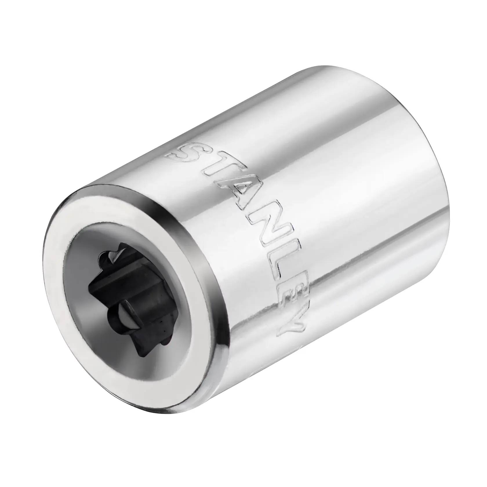 Photo of STANLEY STMT86114-0 chrome socket, angled view showing engraved brand and internal multi-tooth design.