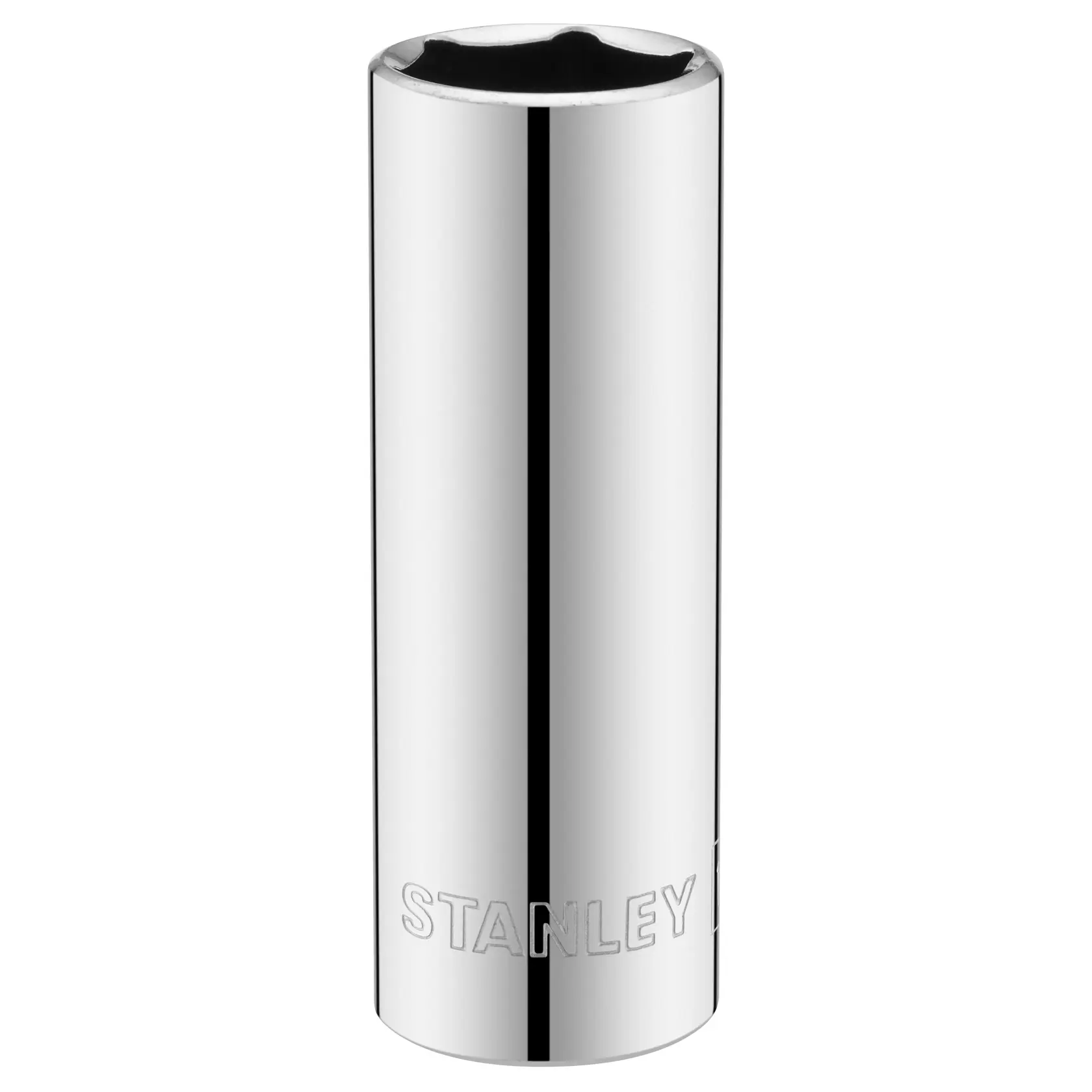Photo of a STANLEY STMT86116-0 chrome deep socket, front angle, with engraved brand logo, on white background.
