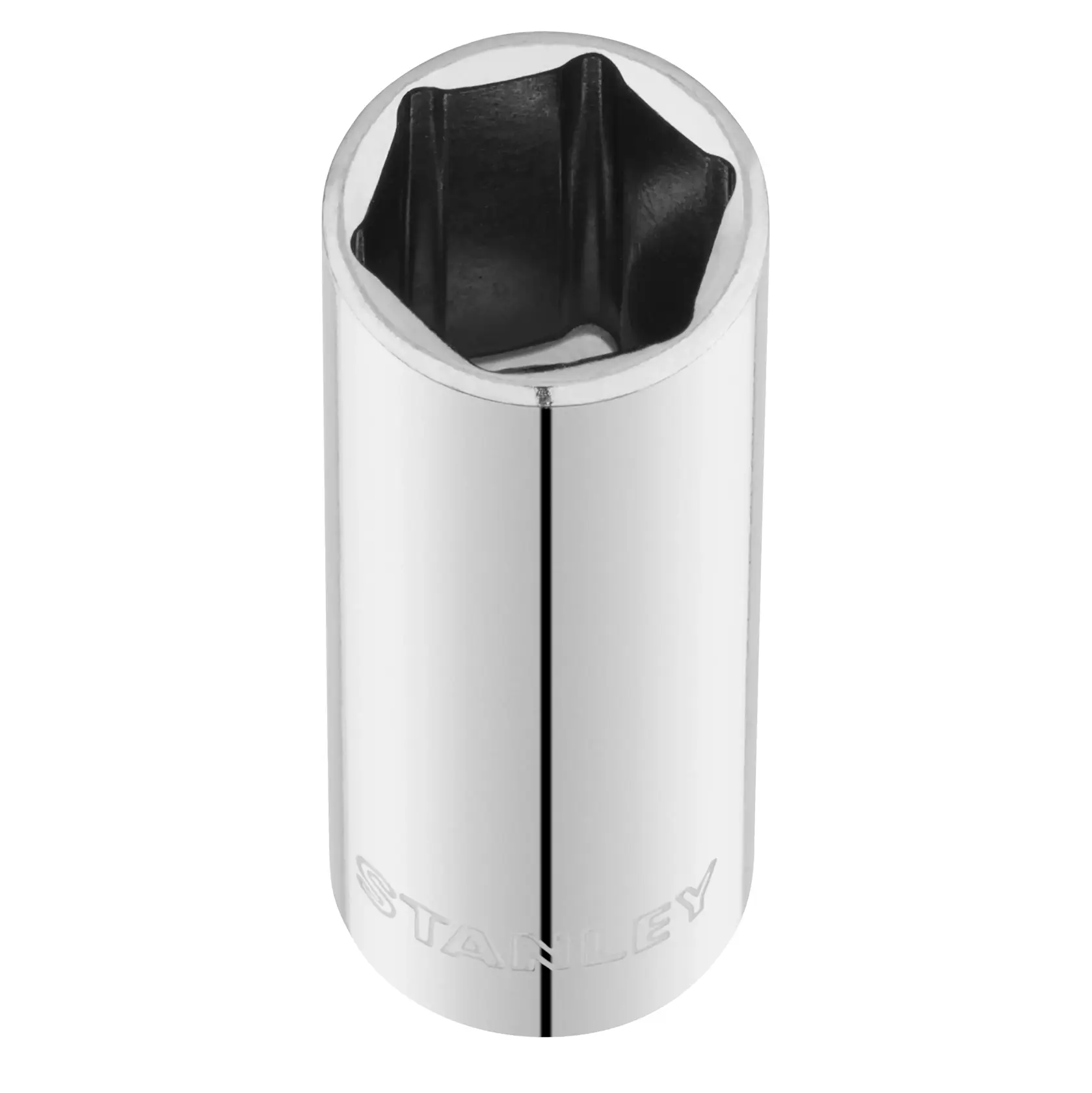 STANLEY STMT86116-0 chrome socket tool, top view, with six-point design on white background.