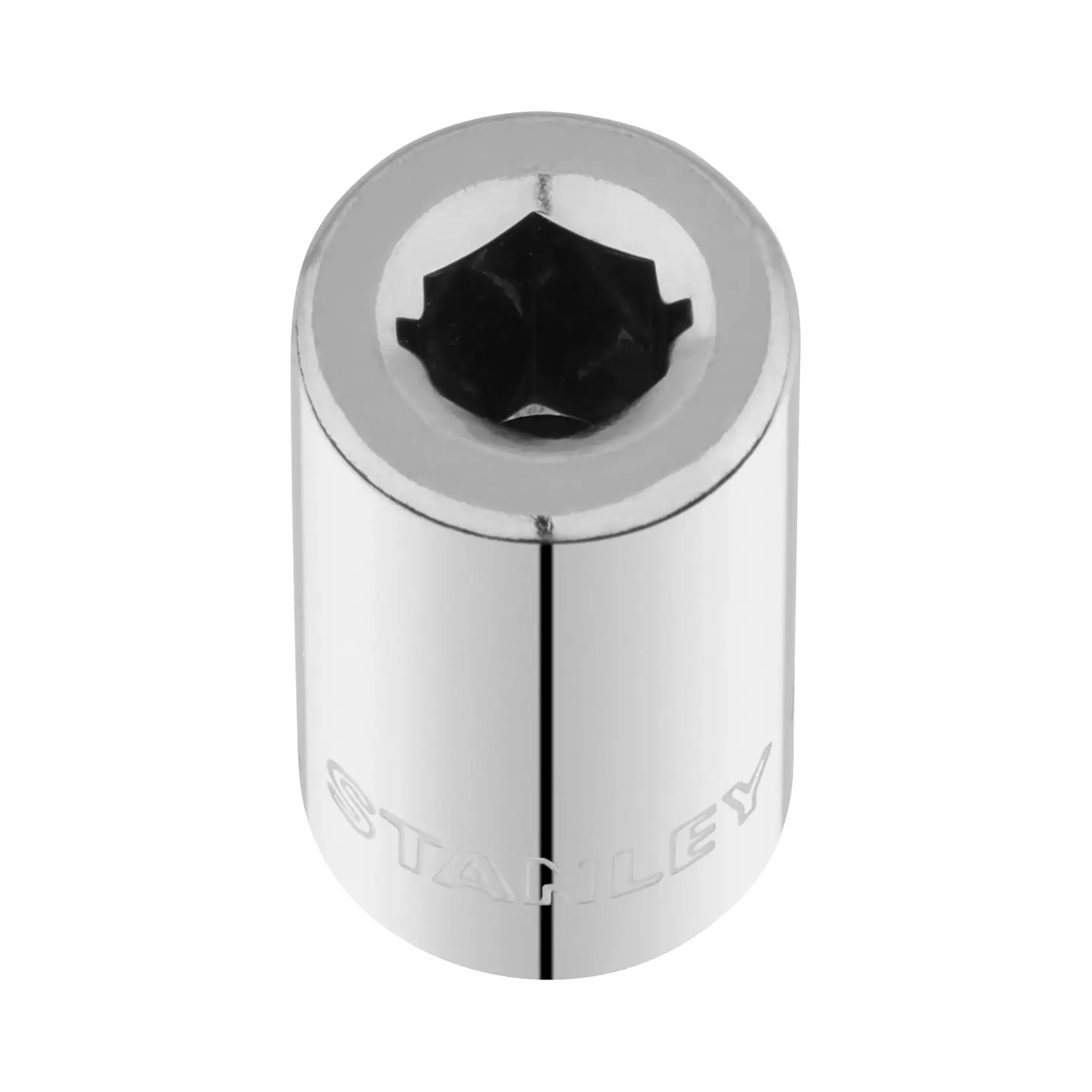 STANLEY STMT86124-0 chrome socket, top angle, with engraved brand name, on white background.