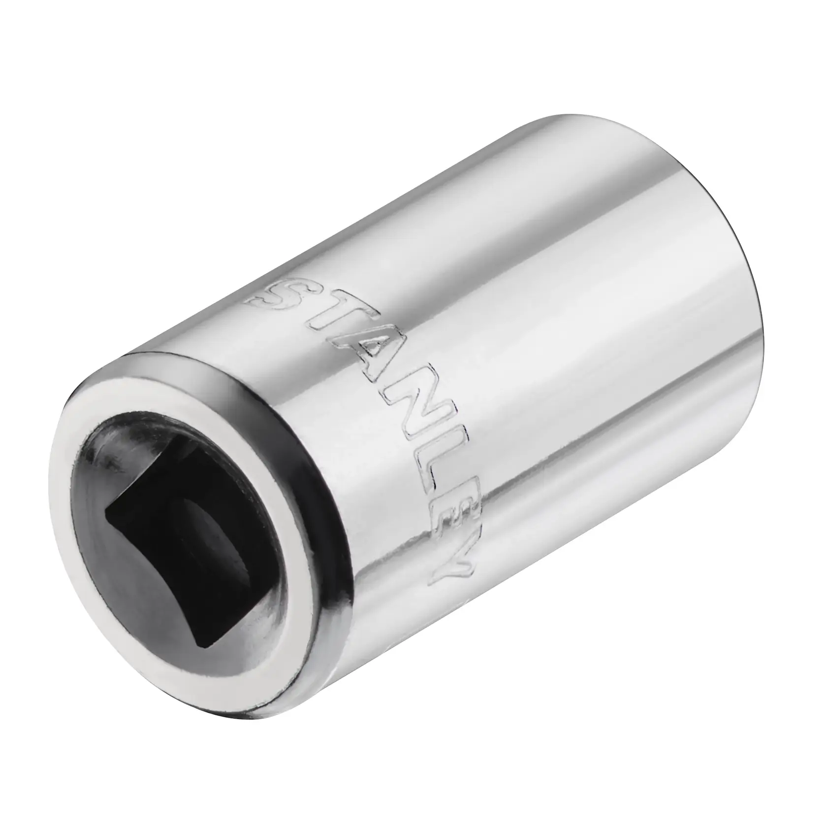 Photo of STANLEY STMT86124-0 chrome socket, tool accessory, angled on white background.