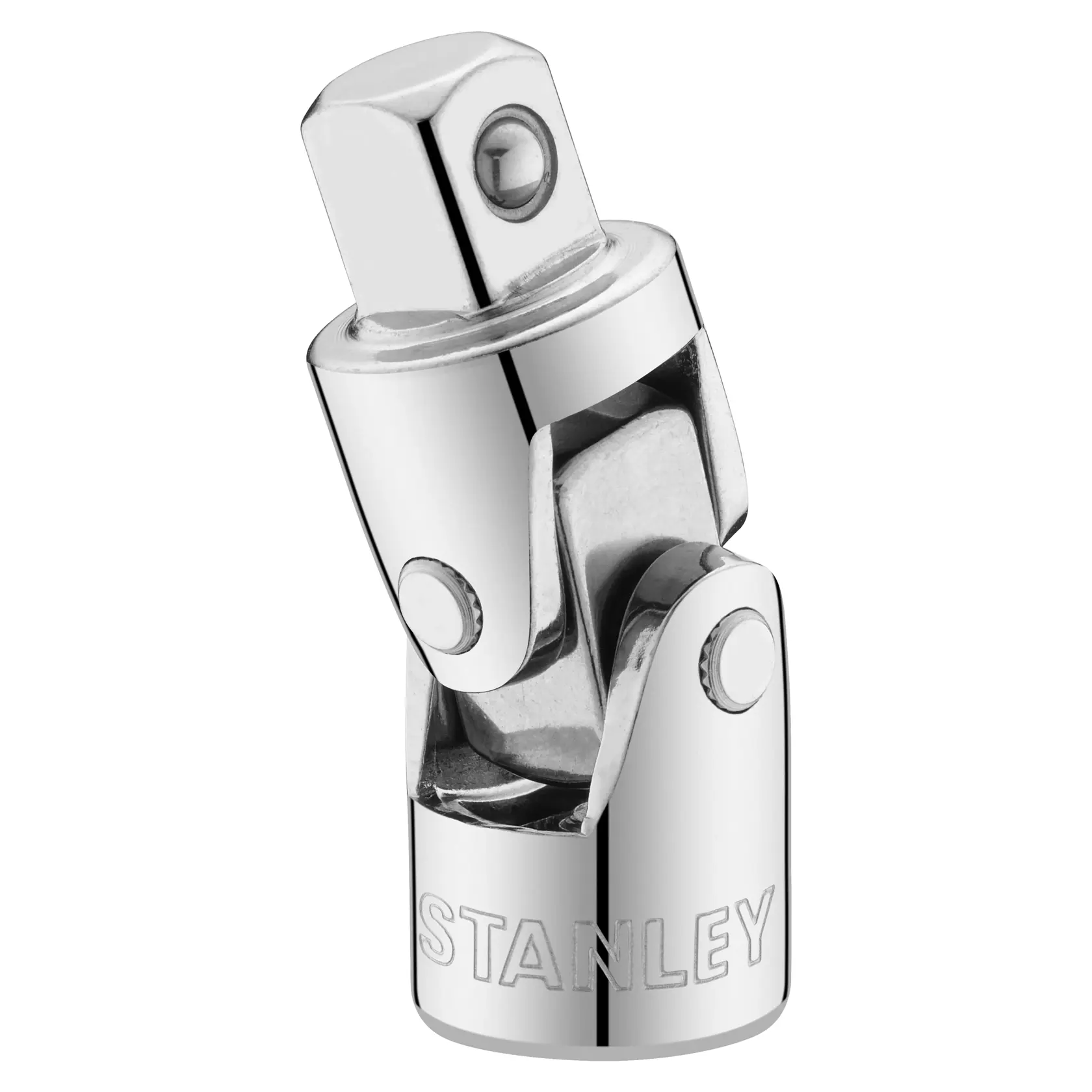 Photo of STANLEY STMT86211-0 chrome universal joint socket adapter, product front angle on white background.