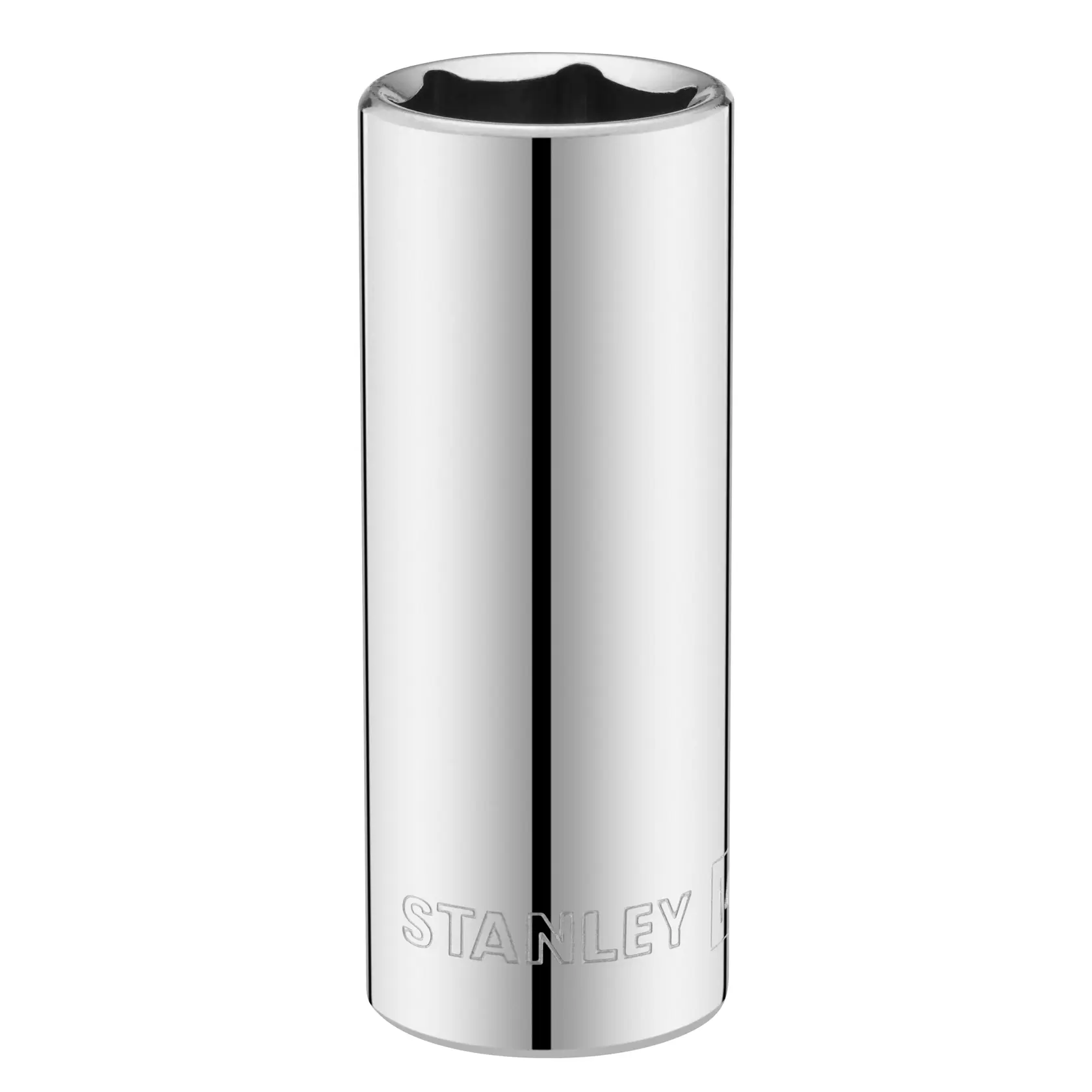 STANLEY STMT86289-0 chrome long socket, front angle, tool photography.