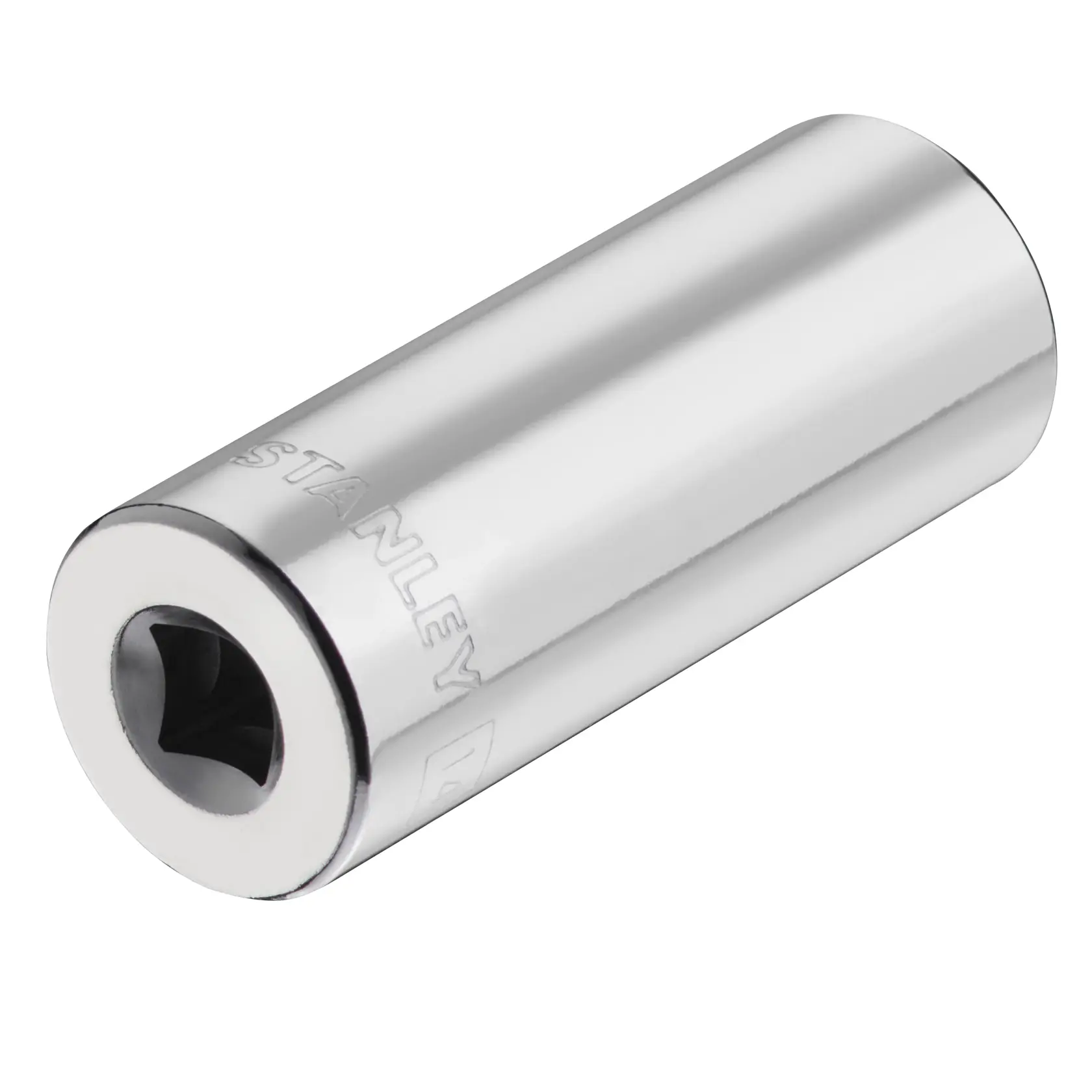 Photo of STANLEY STMT86289-0 chrome socket tool, angled view on white background.