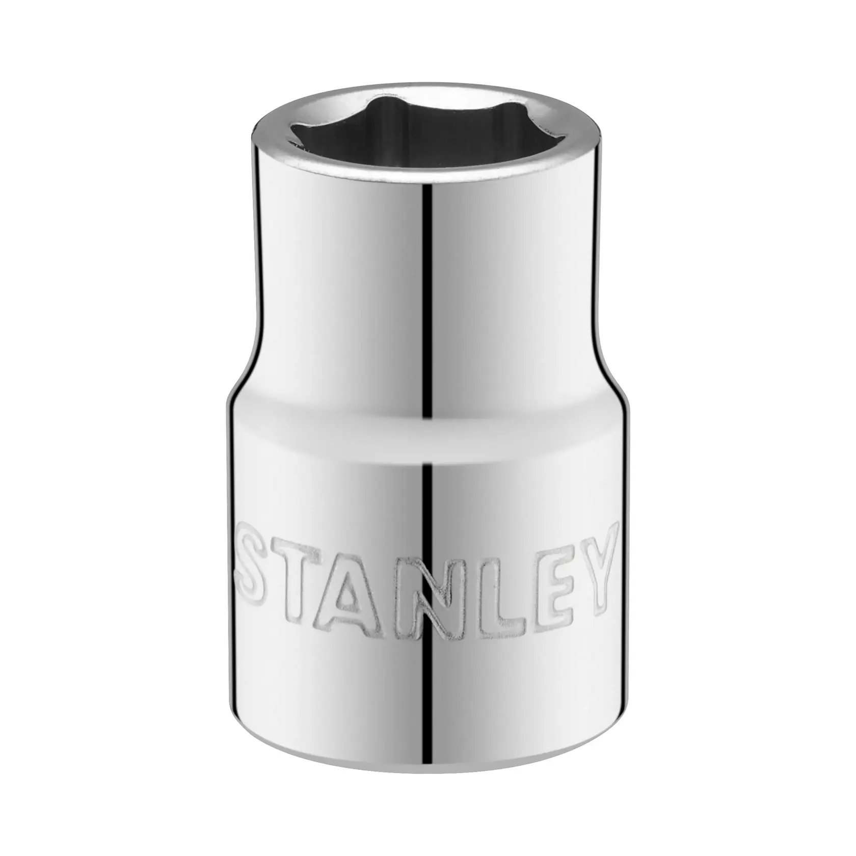 STANLEY STMT86305-0 chrome socket, front angle, tool accessory on white background.